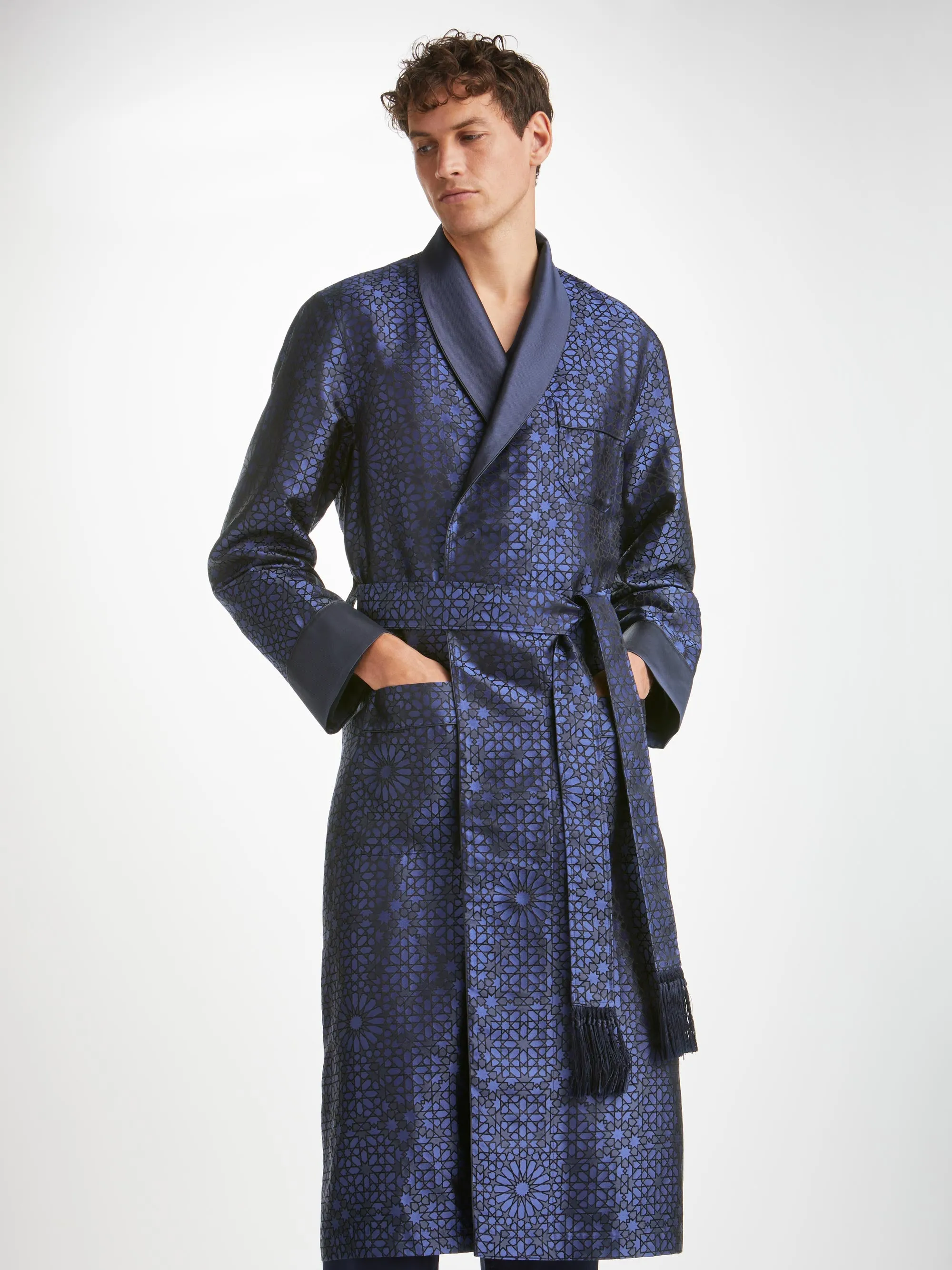 Men's Dressing Gown Verona 66 Silk Jacquard Navy sold by Derek Rose