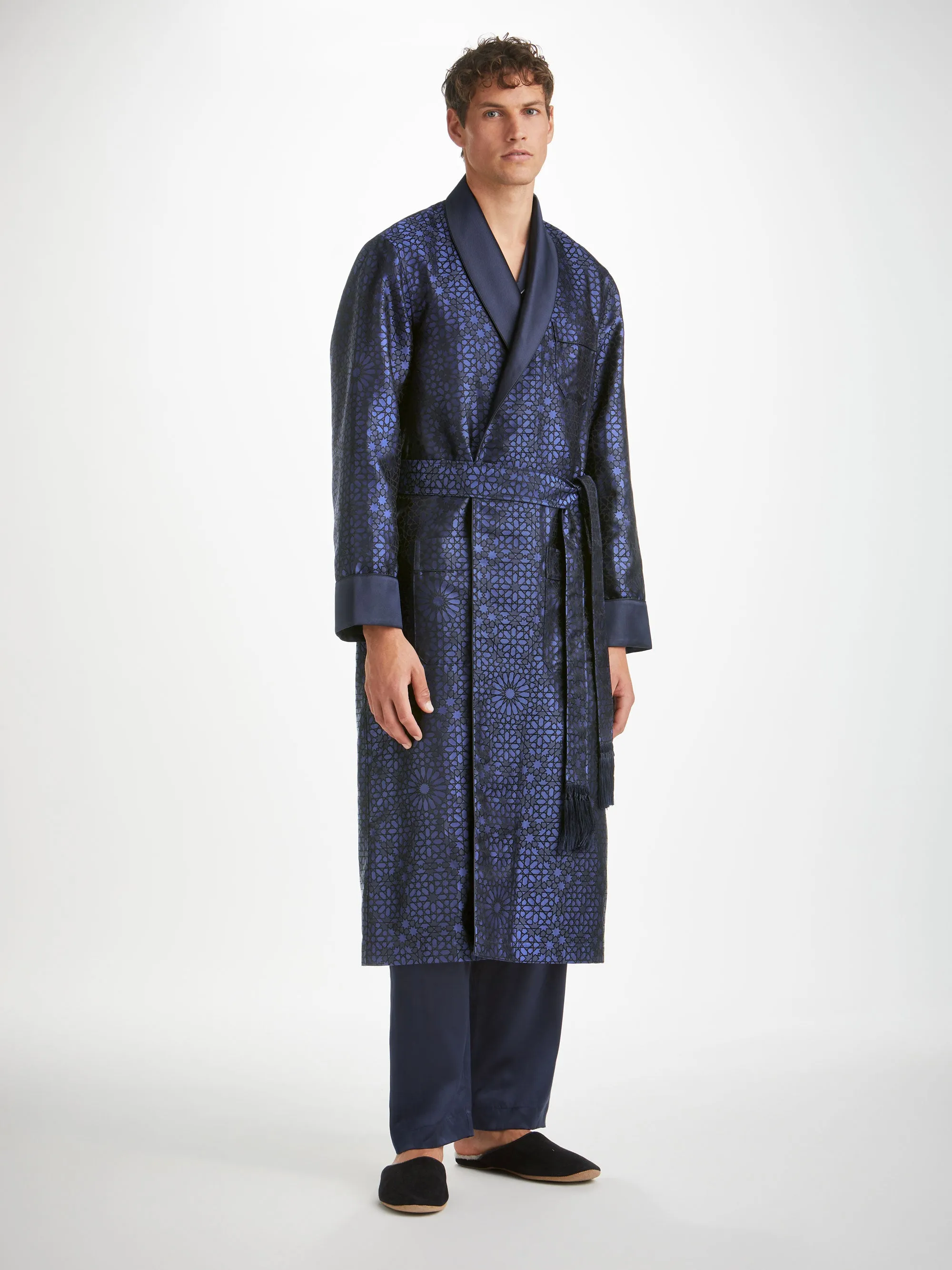 Men's Dressing Gown Verona 66 Silk Jacquard Navy sold by Derek Rose product image thumbnail 3