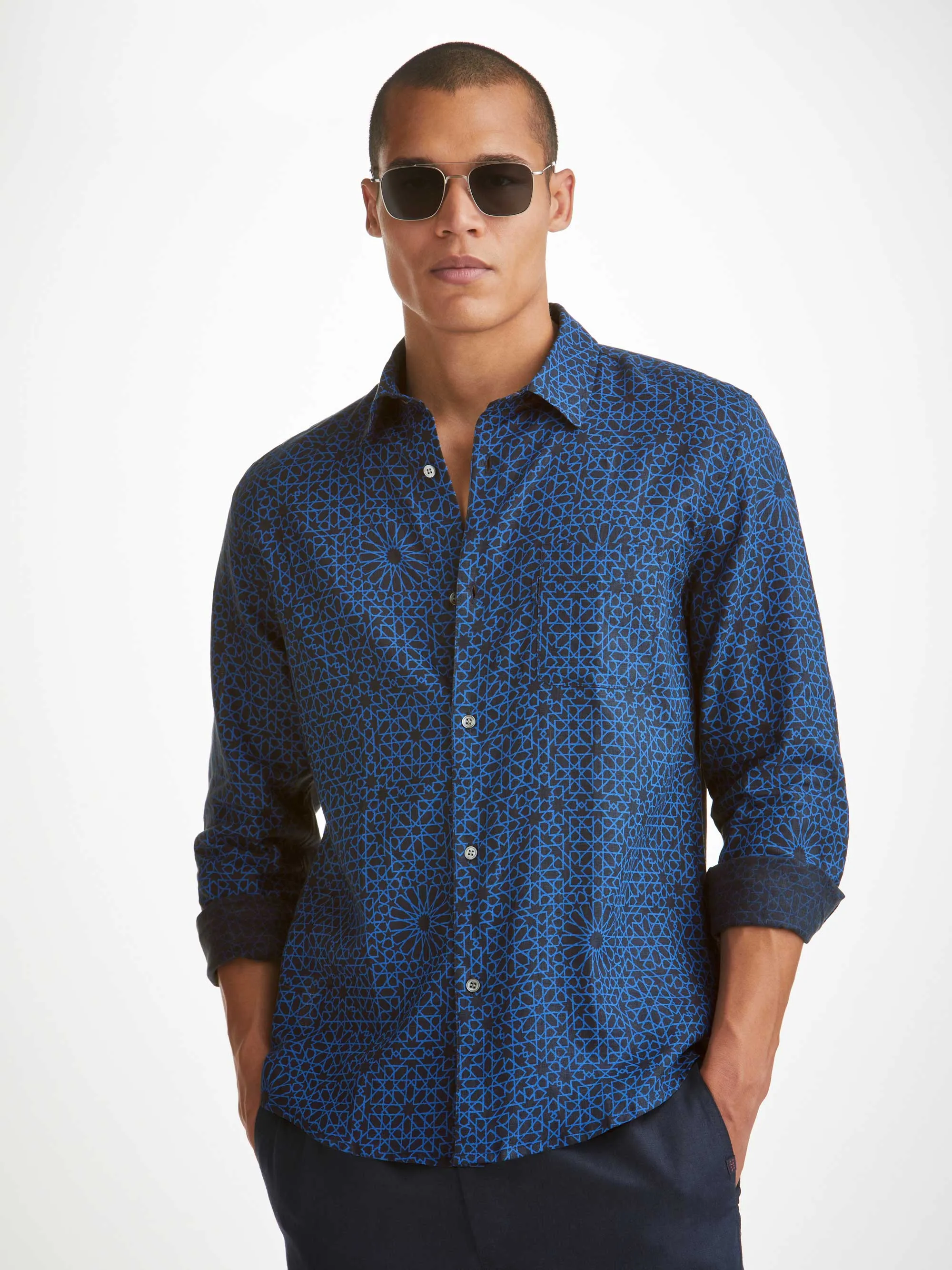 Men's Shirt Milan 23 Linen Navy sold by Derek Rose