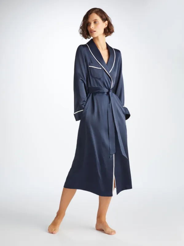 Women's Long Robe Bailey Silk Satin Navy sold by Derek Rose