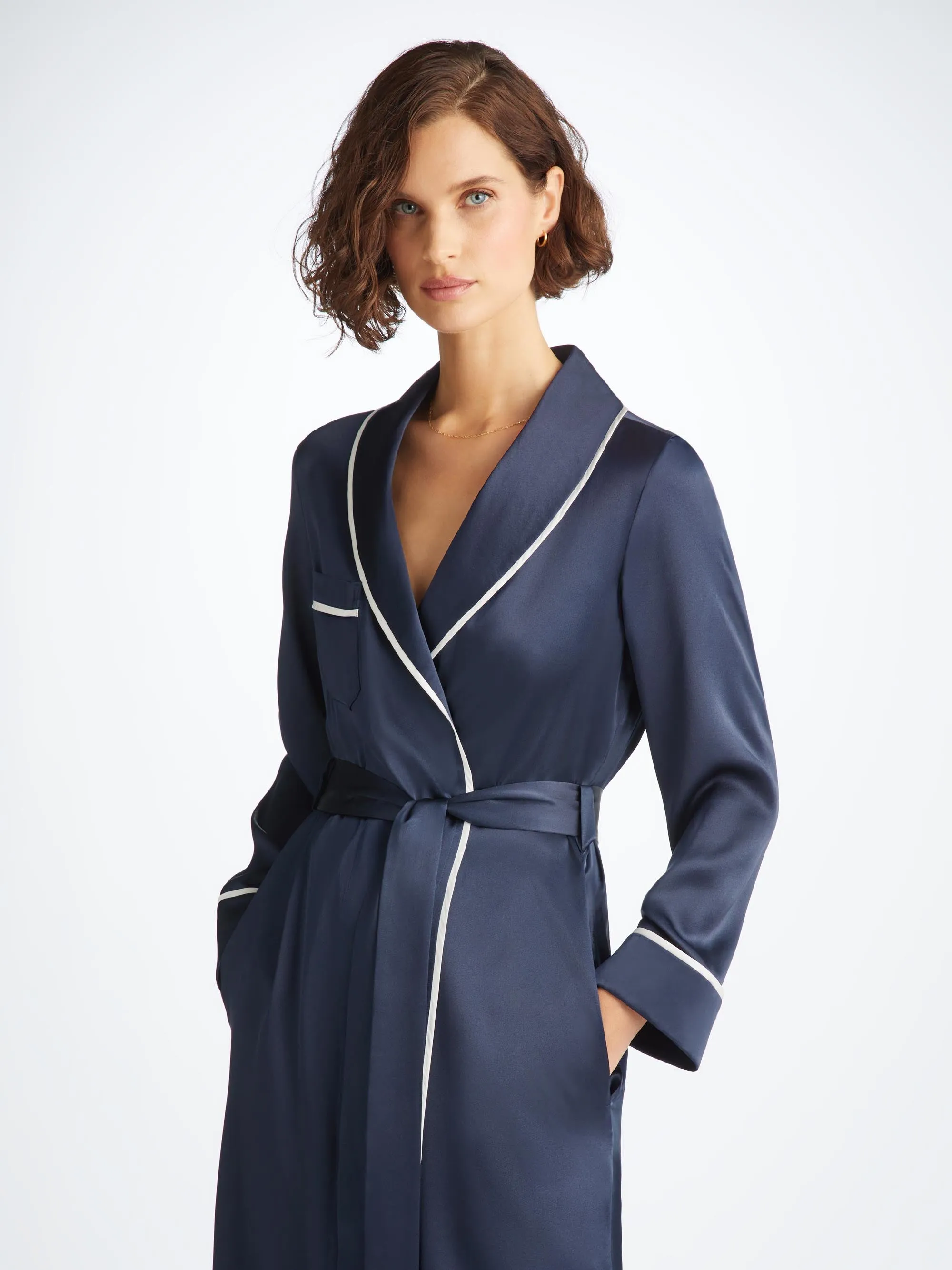 Women's Long Robe Bailey Silk Satin Navy sold by Derek Rose product image thumbnail 3
