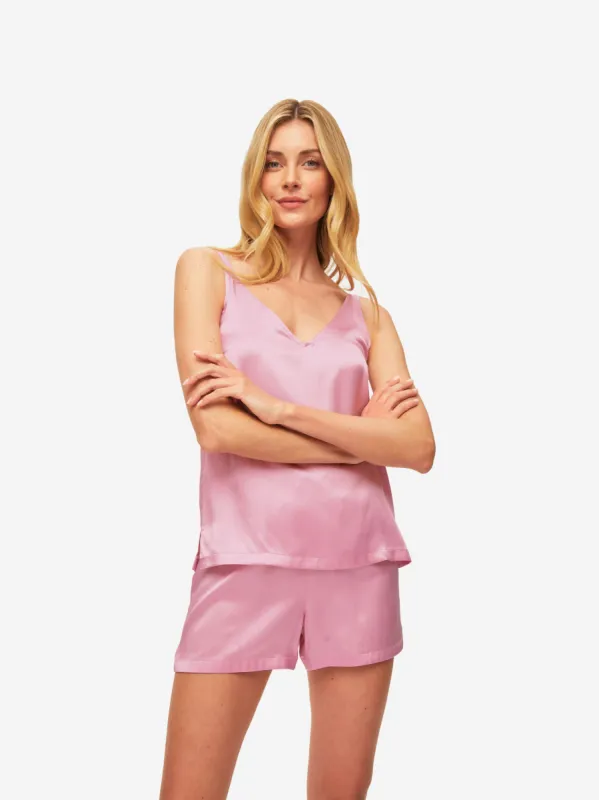 Women's Short Cami Pyjamas Bailey 2 Silk Satin Pink sold by Derek Rose