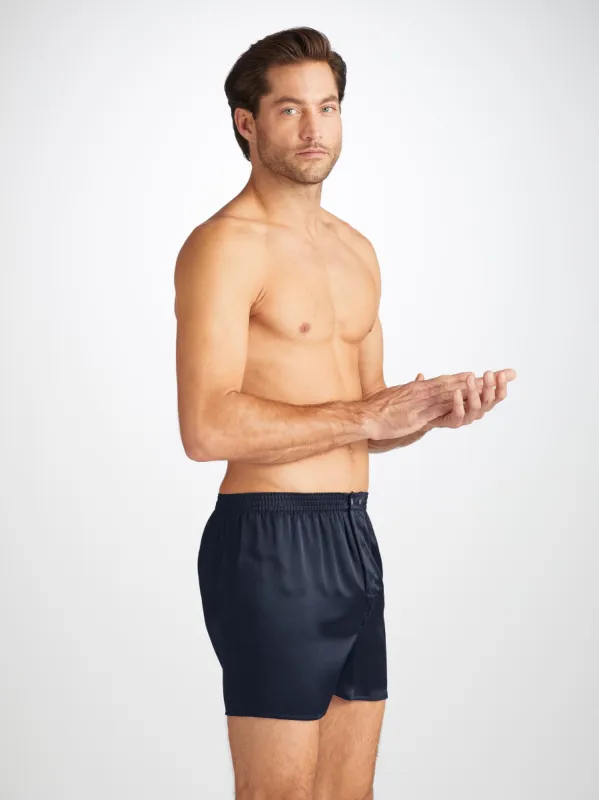 Men's Classic Fit Boxers Bailey Silk Satin Navy sold by Derek Rose