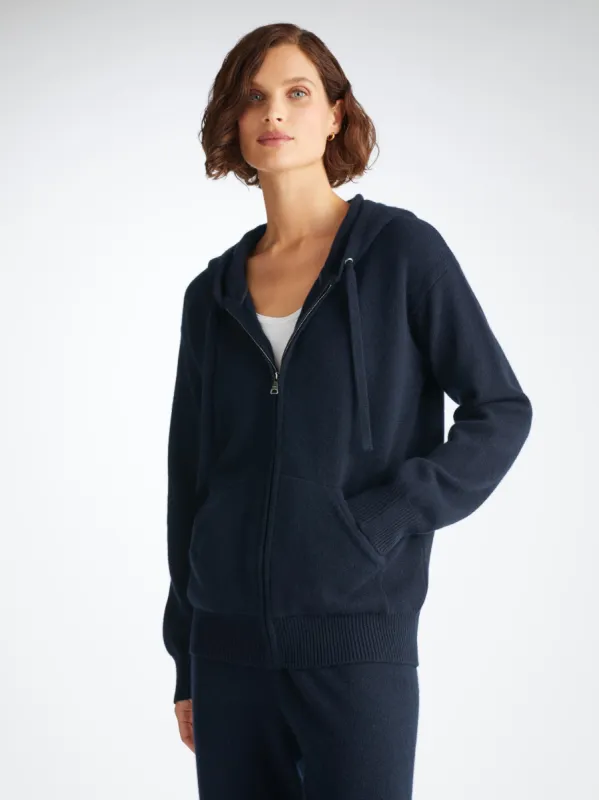 Women's Zip Up Hoodie Daphne Cashmere Navy sold by Derek Rose