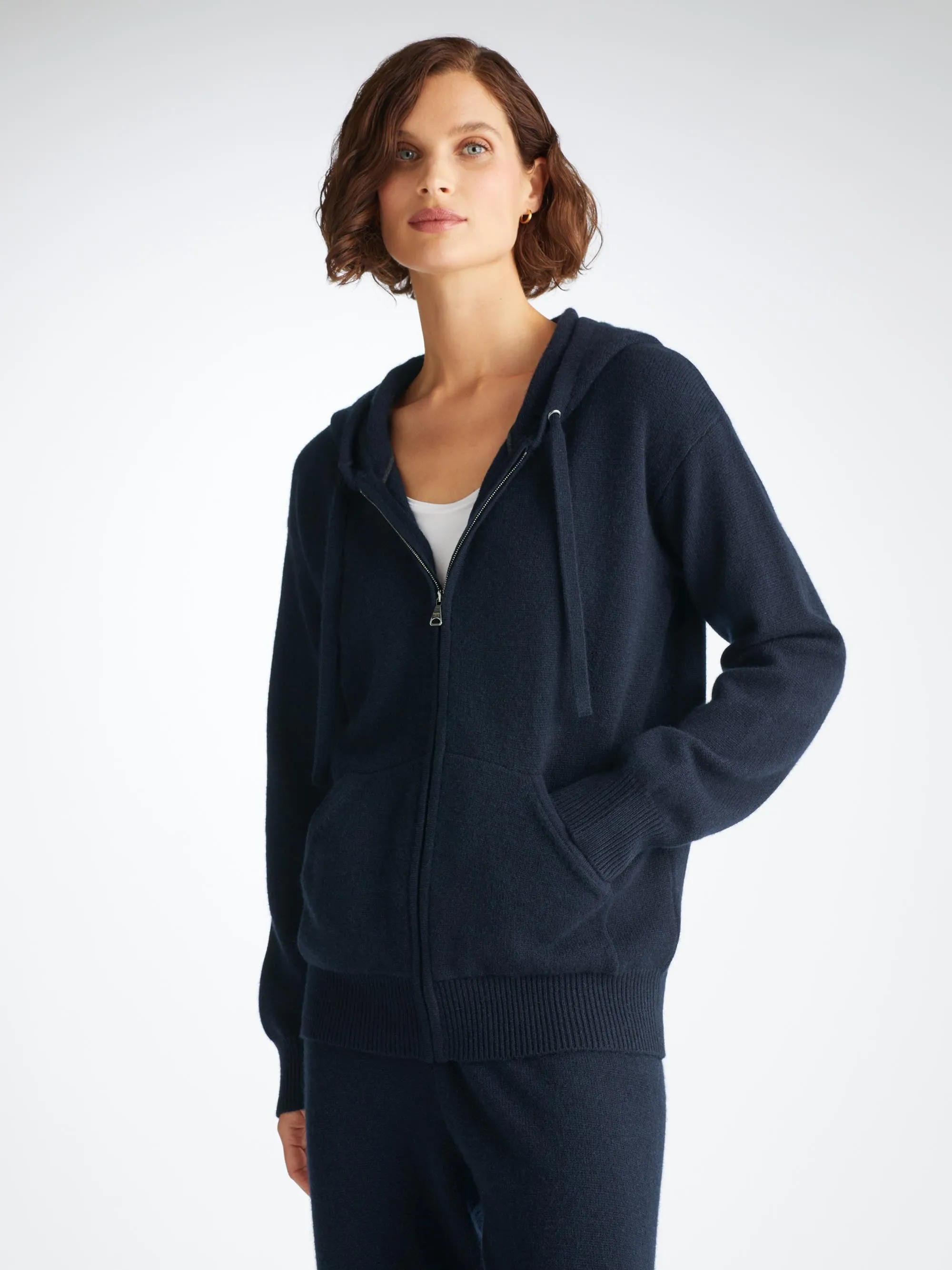 Women's Zip Up Hoodie Daphne Cashmere Navy sold by Derek Rose