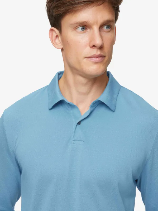Men's Long Sleeve Polo Shirt Ramsay 4 Pique Cotton Tencel Blue   sold by Derek Rose