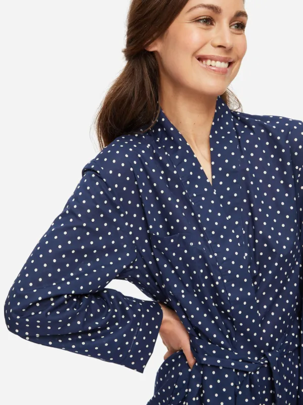 Women's Long Dressing Gown Plaza 60 Cotton Batiste Navy sold by Derek Rose
