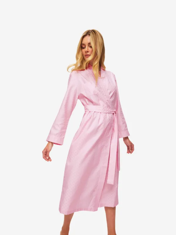 Women's Long Dressing Gown Kate 7 Cotton Jacquard Pink sold by Derek Rose