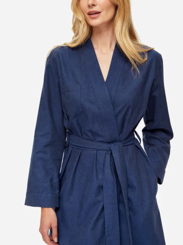 Women's Long Dressing Gown Balmoral 3 Brushed Cotton Navy sold by Derek Rose