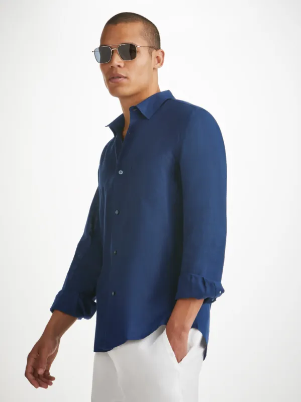 Men's Shirt Monaco Linen Navy sold by Derek Rose