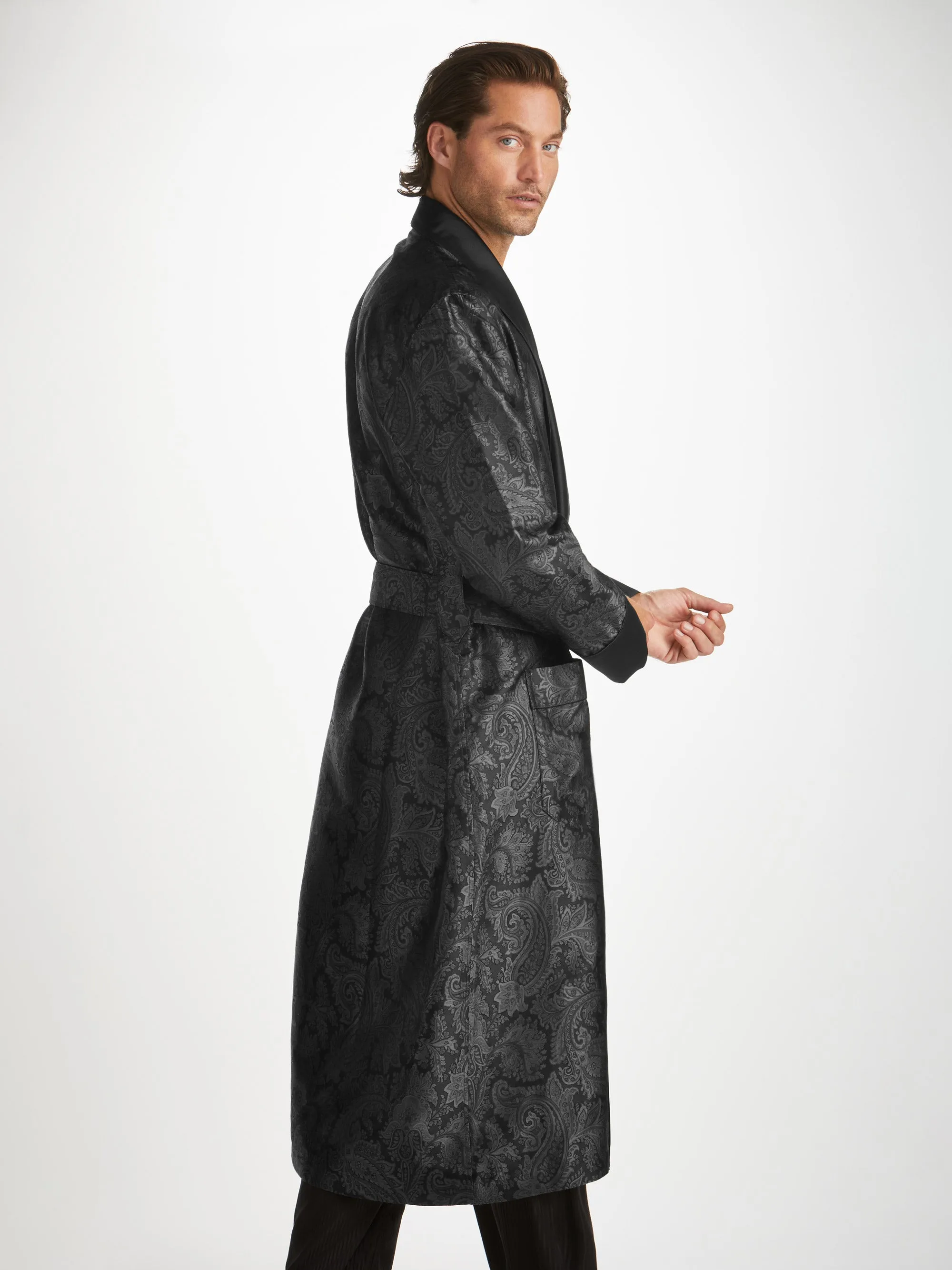 Men's Dressing Gown Verona 67 Silk Jacquard Black sold by Derek Rose
