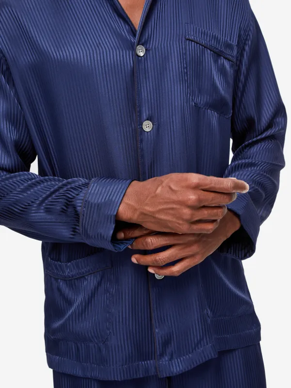 Men's Classic Fit Pajamas Woburn 8 Silk Satin Navy sold by Derek Rose
