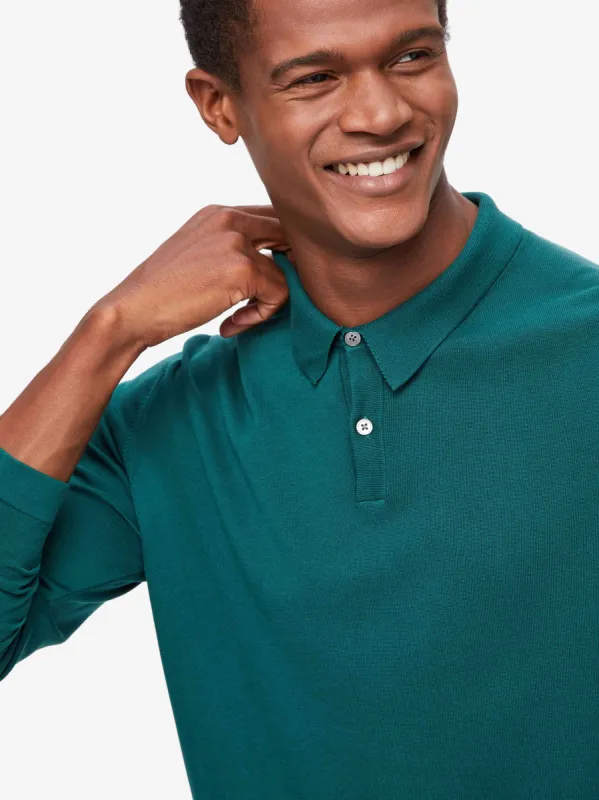 Men's Long Sleeve Polo Shirt Jacob Sea Island Cotton Green sold by Derek Rose
