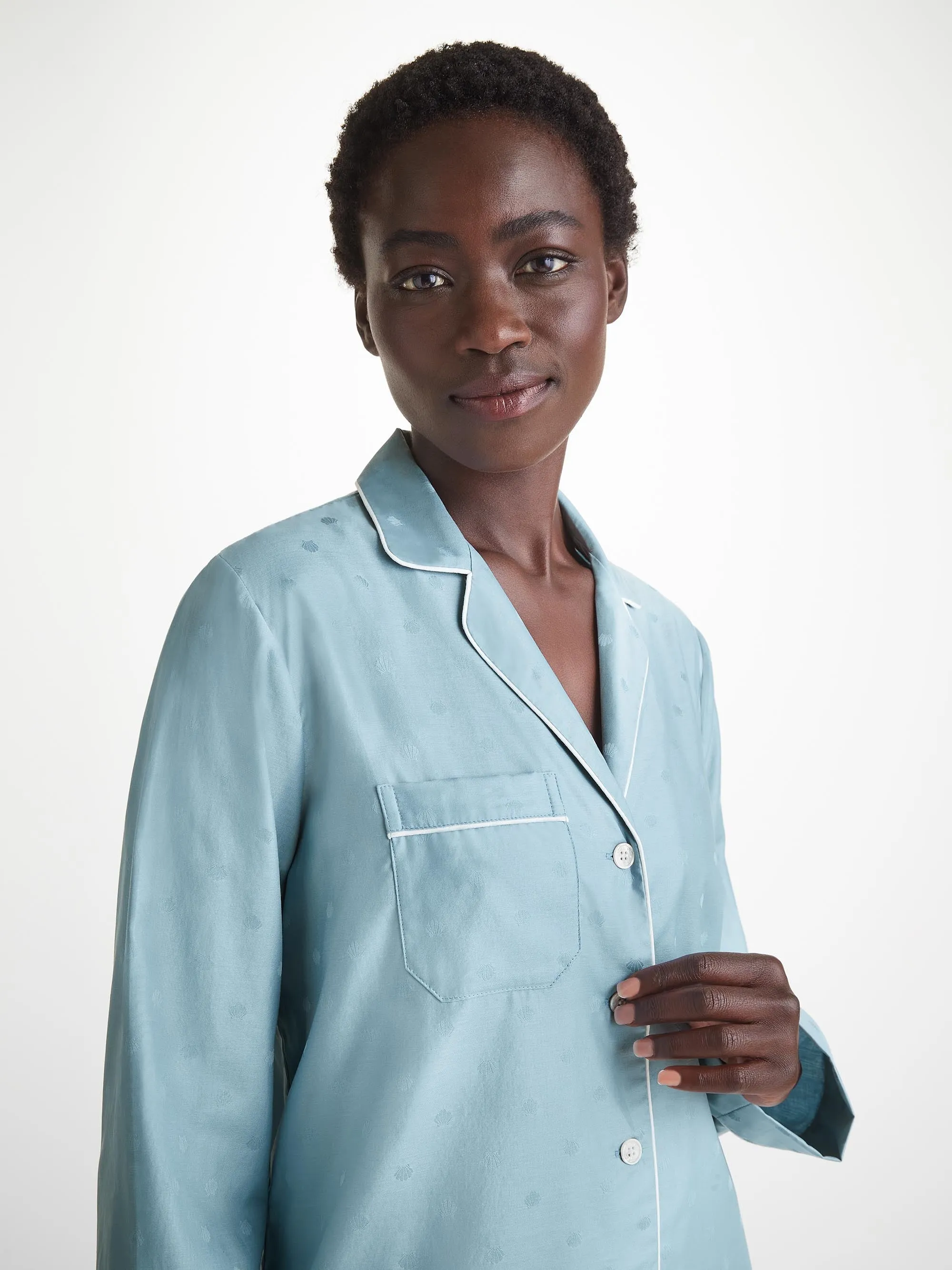 Women's Pajamas Cotton Jacquard Blue Seashell Pattern sold by Derek Rose