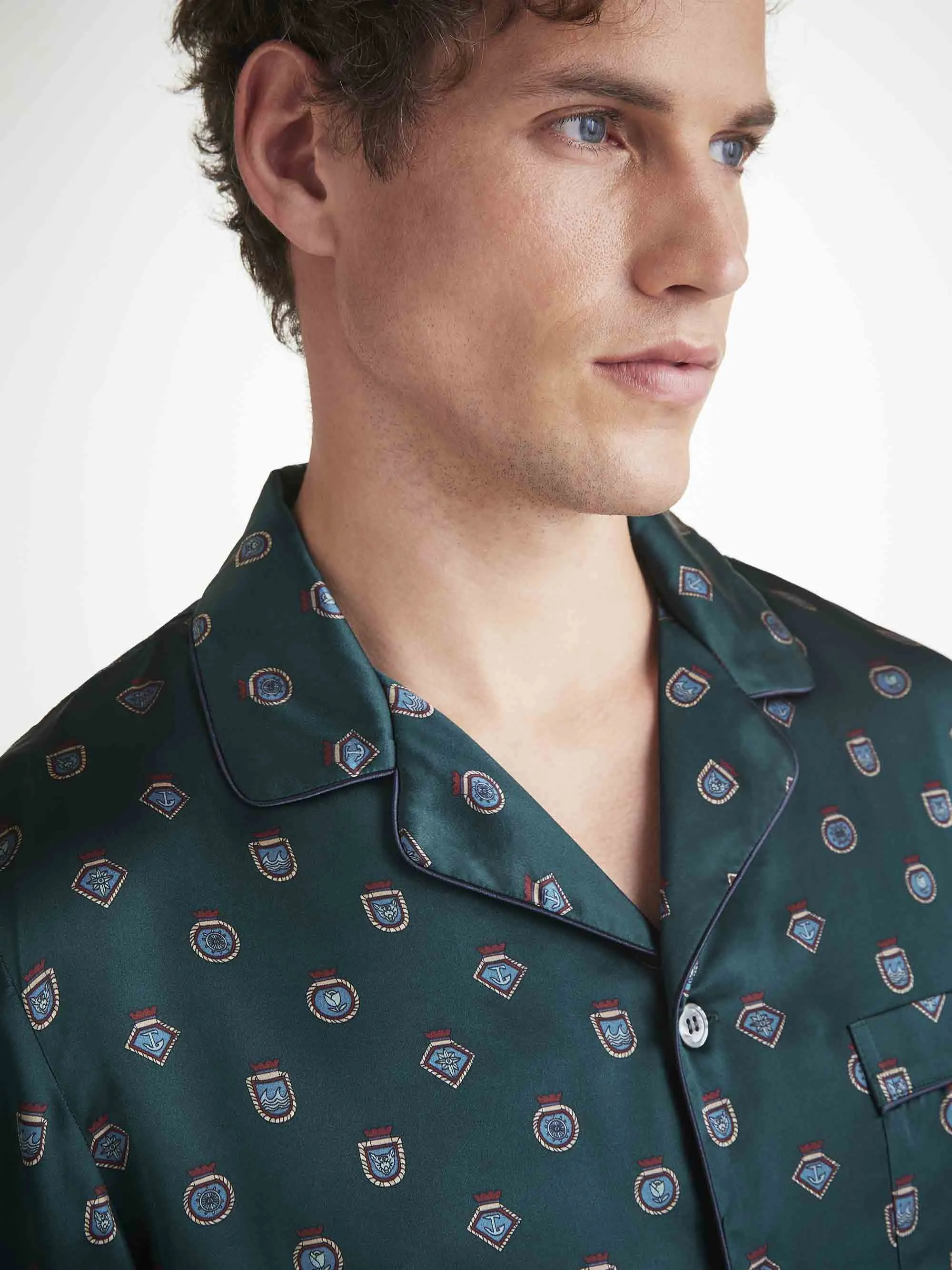 Men's Pajamas Silk Satin Green Badge Print sold by Derek Rose product image thumbnail 5