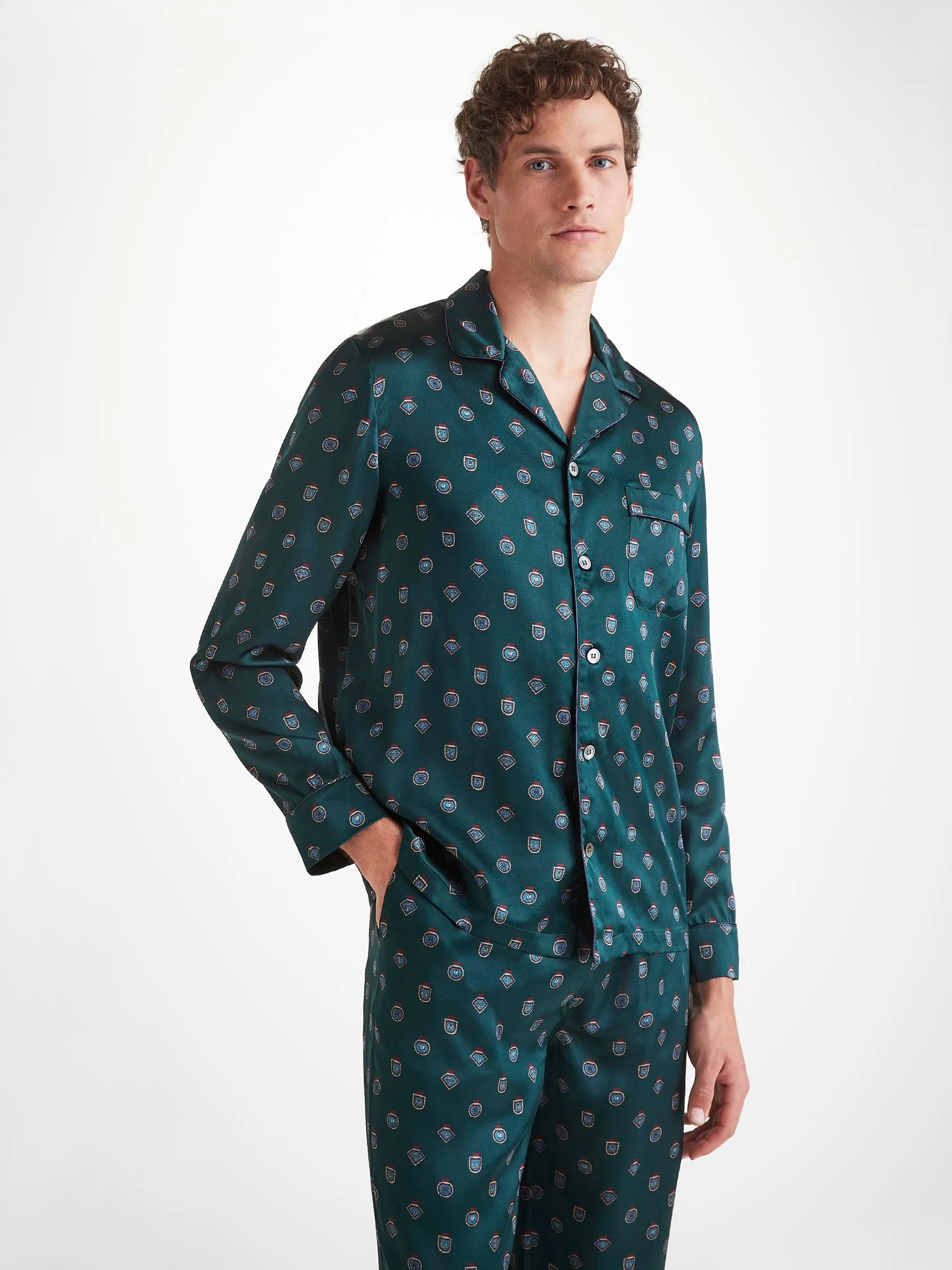 Men's Pajamas Silk Satin Green Badge Print sold by Derek Rose