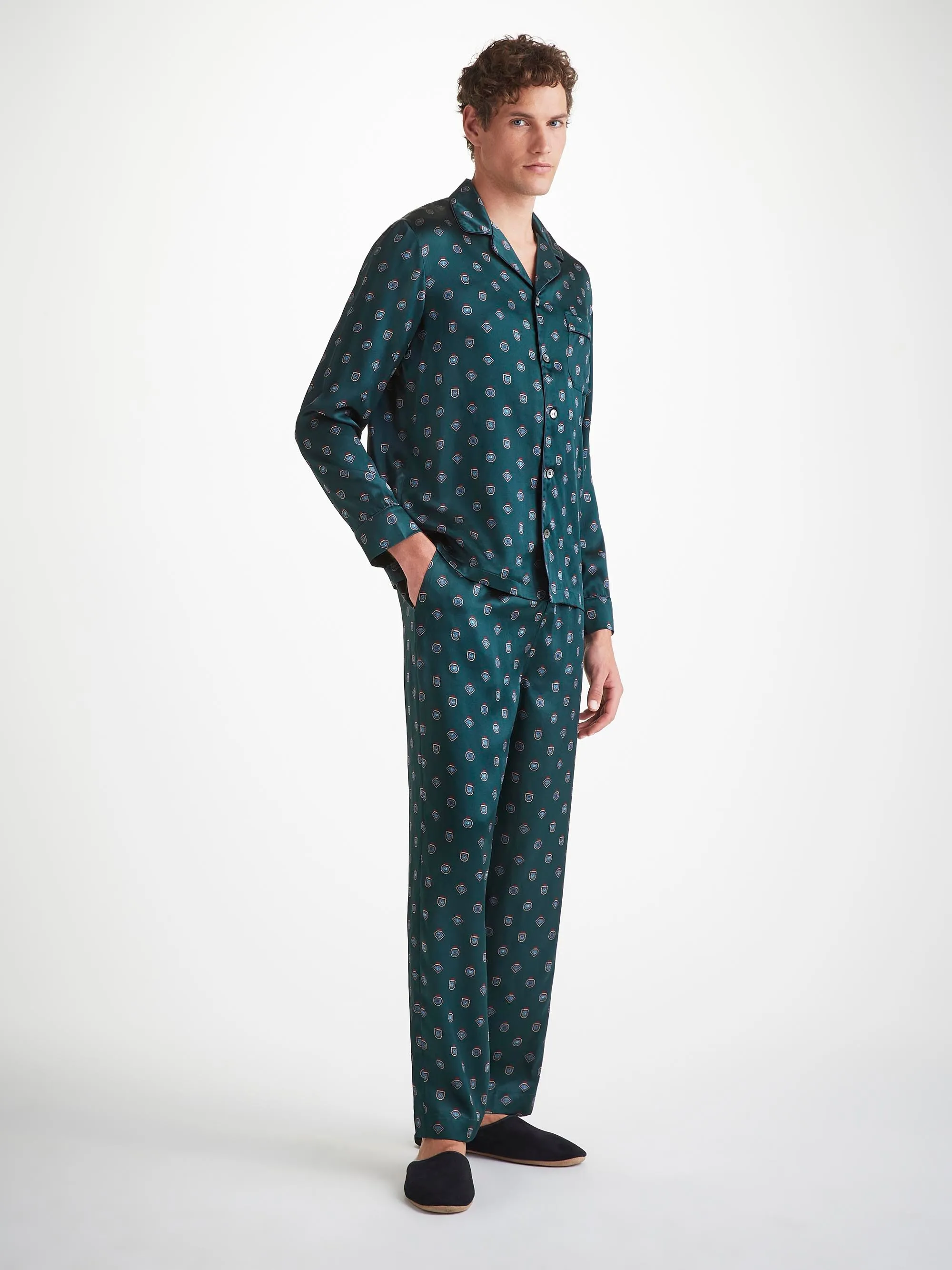 Men's Pajamas Silk Satin Green Badge Print sold by Derek Rose product image thumbnail 3