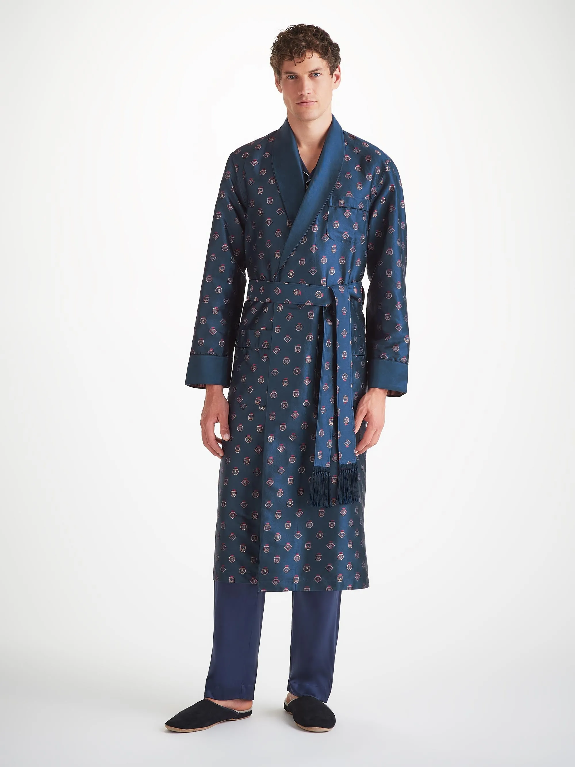 Men's Robe Silk Jacquard Navy Badge Pattern sold by Derek Rose