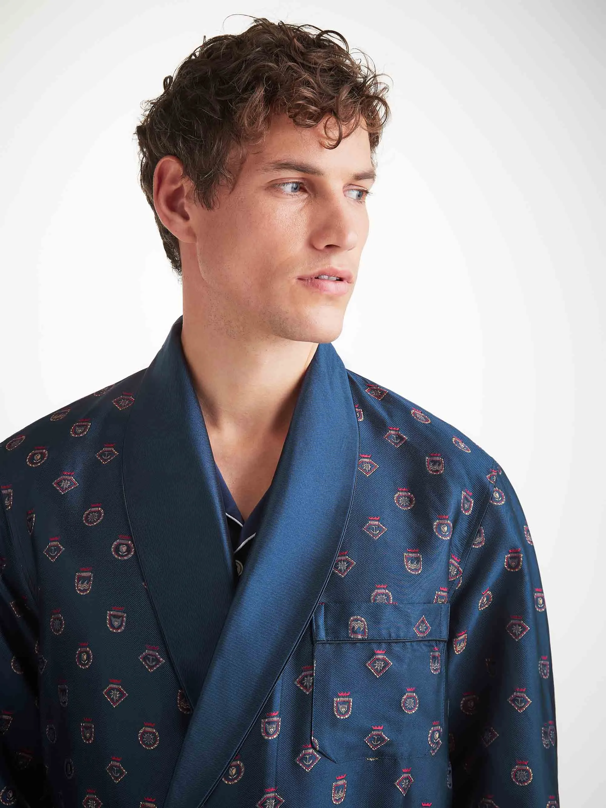 Men's Robe Silk Jacquard Navy Badge Pattern sold by Derek Rose product image thumbnail 5