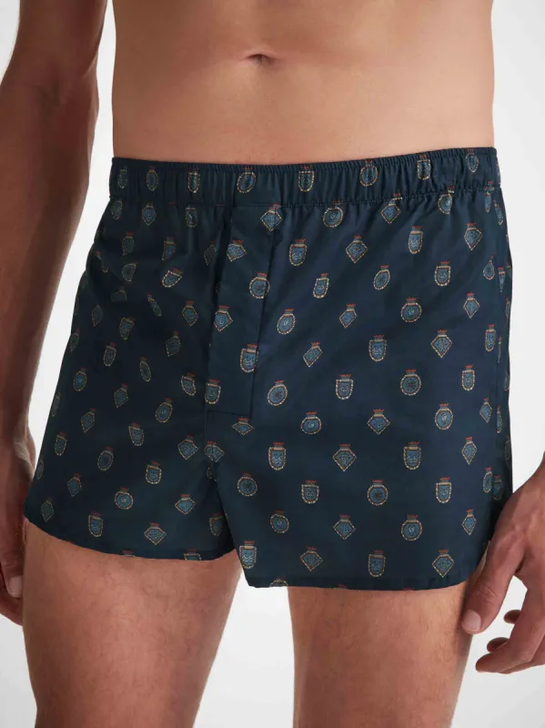 Men's Modern Fit Boxers Cotton Batiste Navy Badge Print sold by Derek Rose