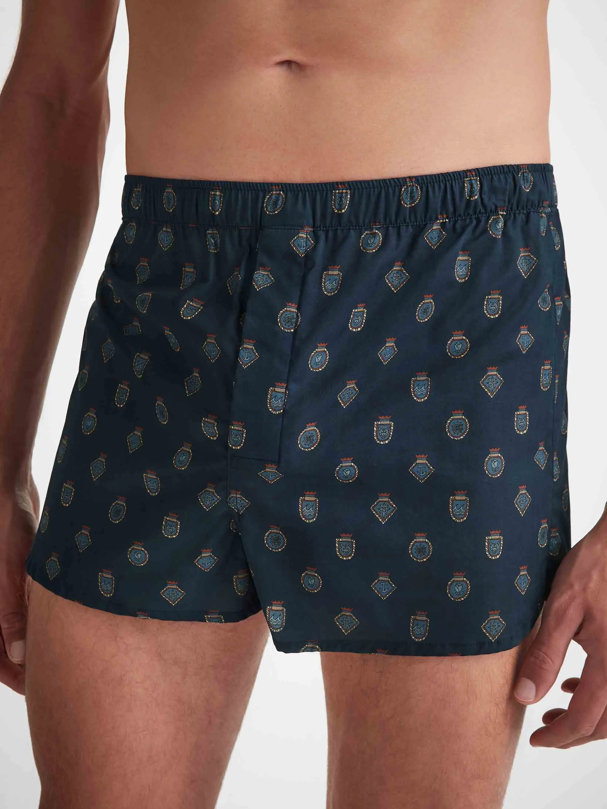 Men's Modern Fit Boxers Cotton Batiste Navy Badge Print sold by Derek Rose