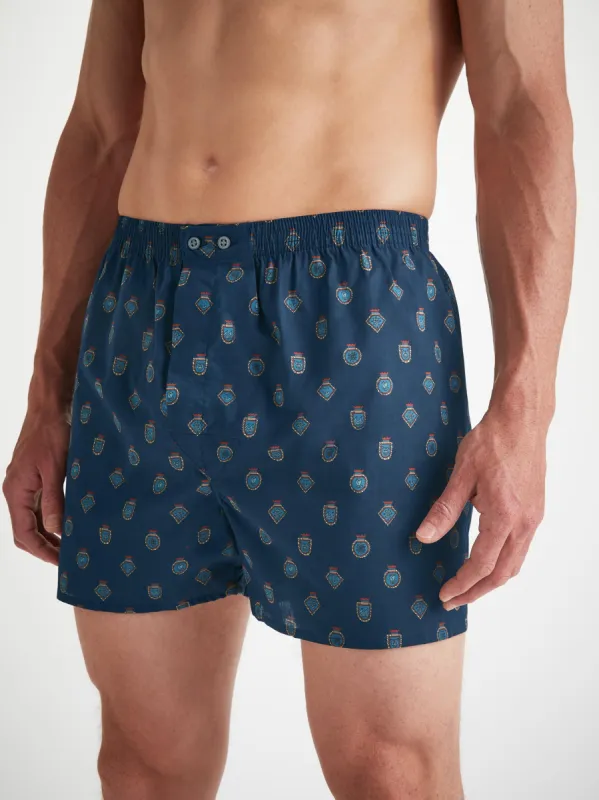 Men's Classic Fit Boxers Cotton Batiste Navy Badge Print sold by Derek Rose