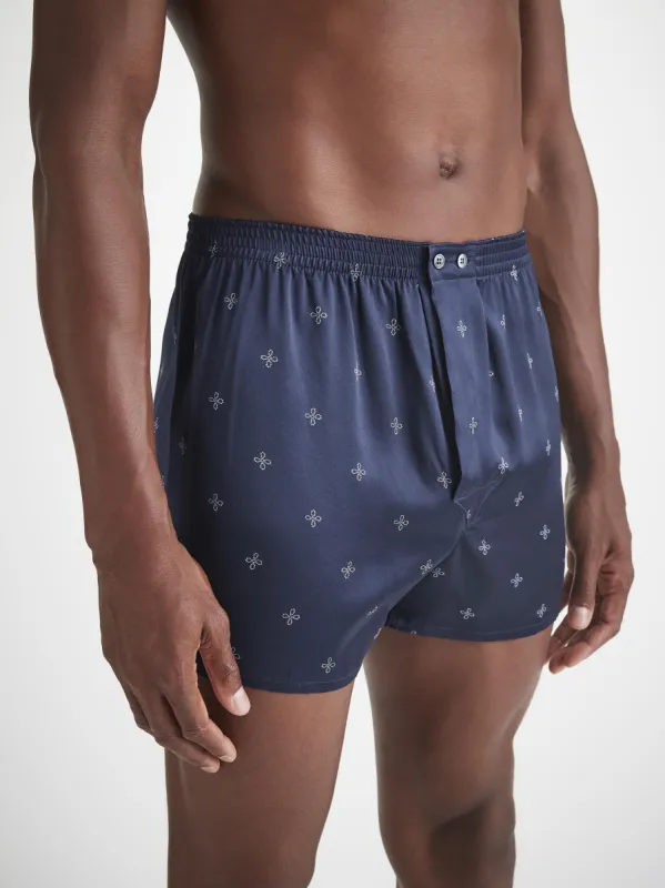 Men's Classic Fit Boxers Silk Satin Navy Sailor's Knot Print sold by Derek Rose