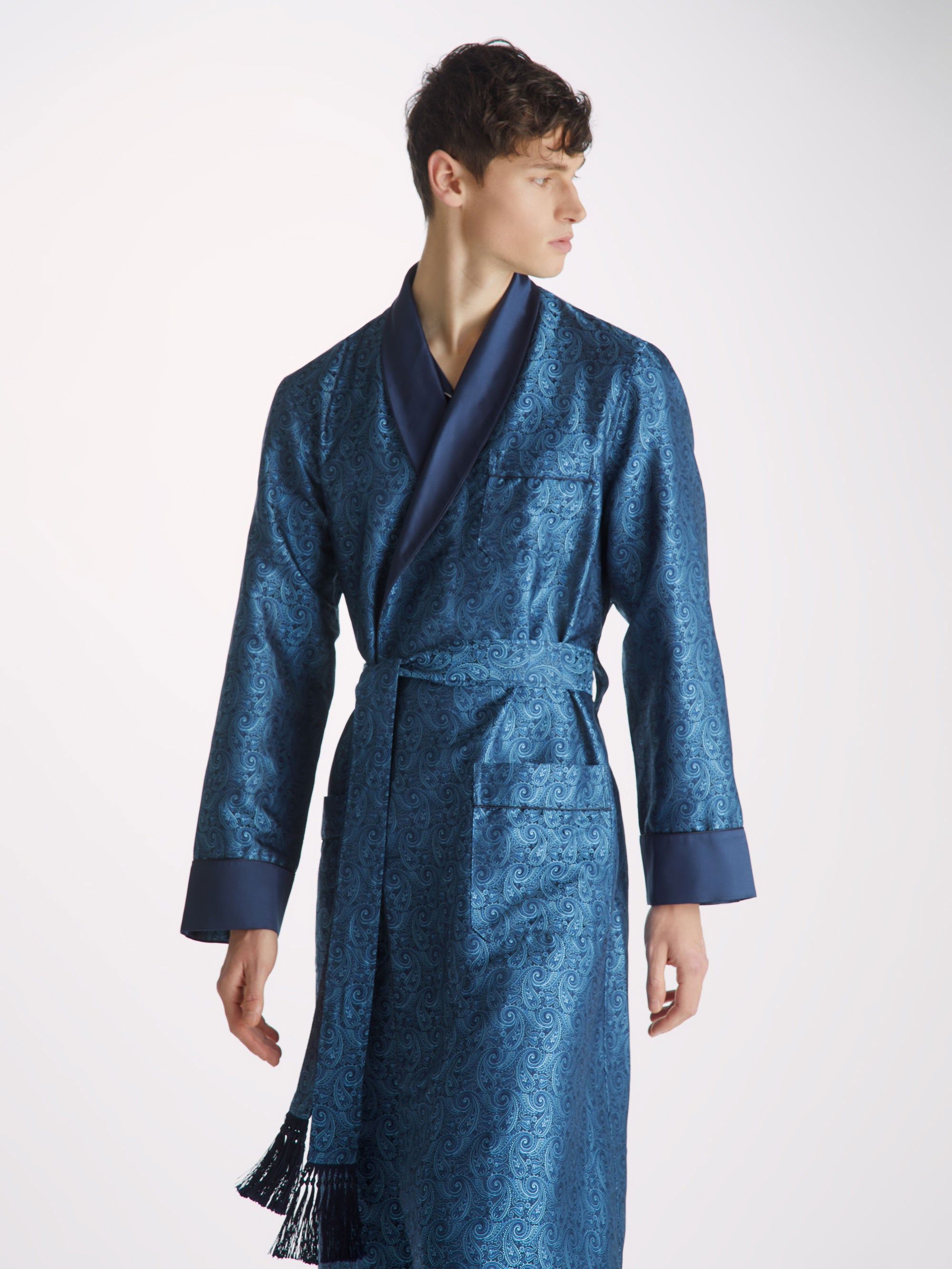 Men's Dressing Gown Verona 64 Silk Satin Navy sold by Derek Rose