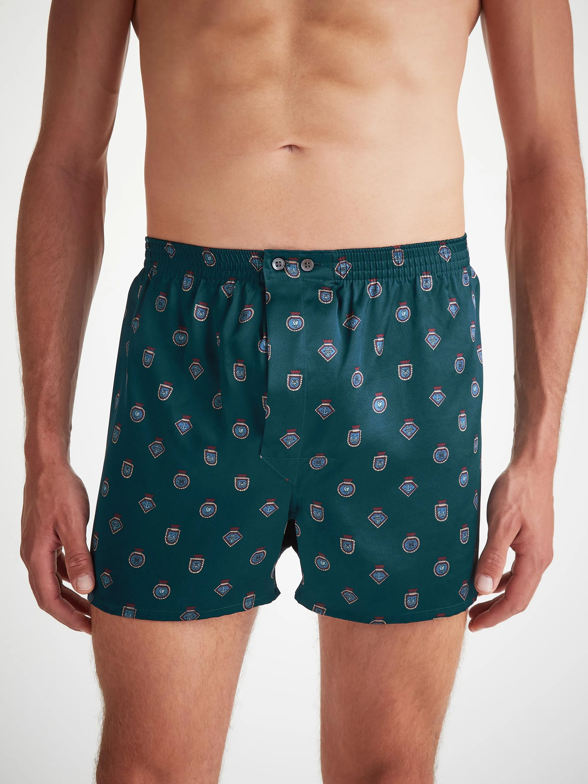 Men's Classic Fit Boxers Silk Satin Green Badge Print sold by Derek Rose product image thumbnail 3