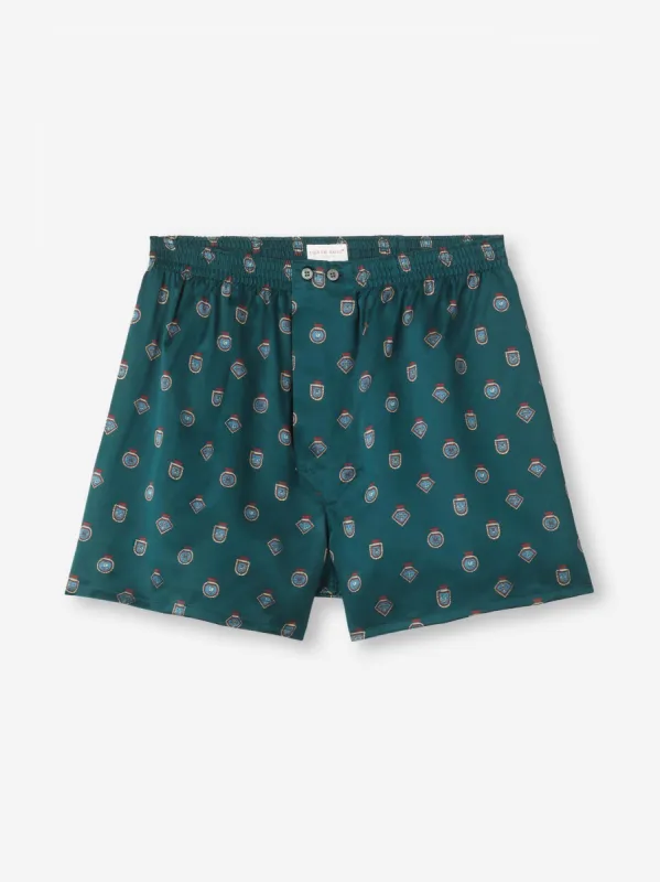 Men's Classic Fit Boxers Silk Satin Green Badge Print sold by Derek Rose