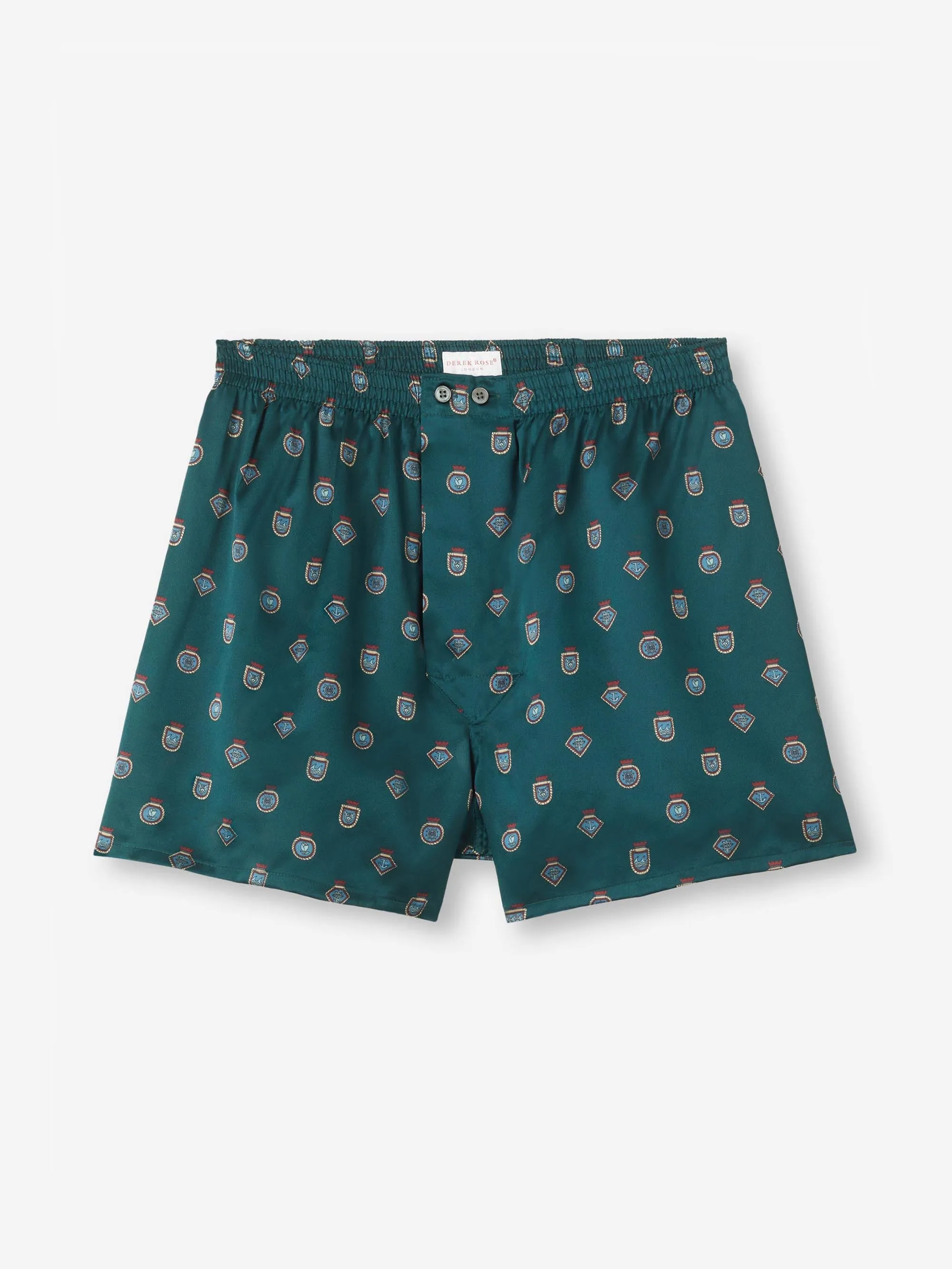 Men's Classic Fit Boxers Silk Satin Green Badge Print sold by Derek Rose