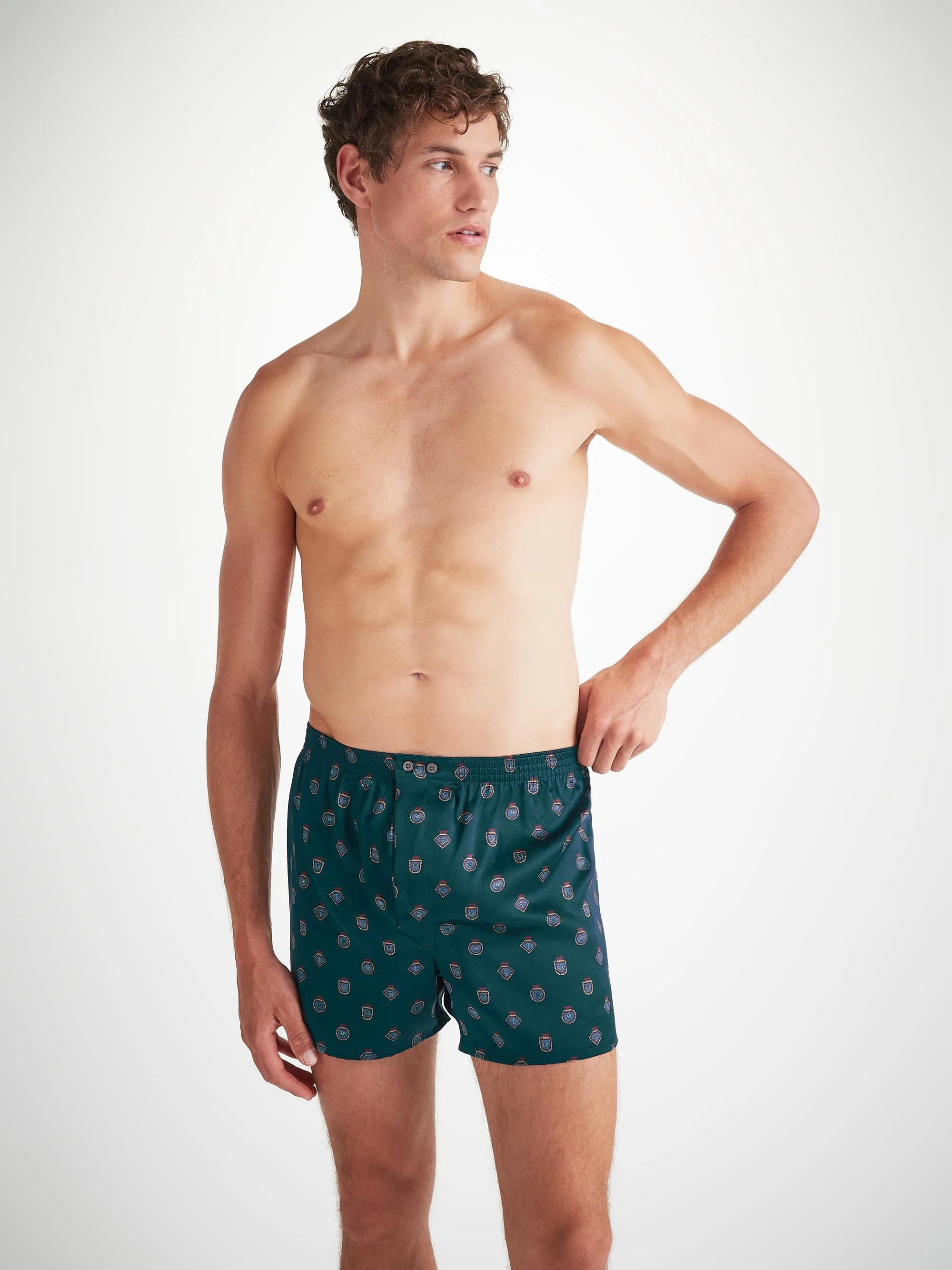 Men's Classic Fit Boxers Silk Satin Green Badge Print sold by Derek Rose product image thumbnail 2