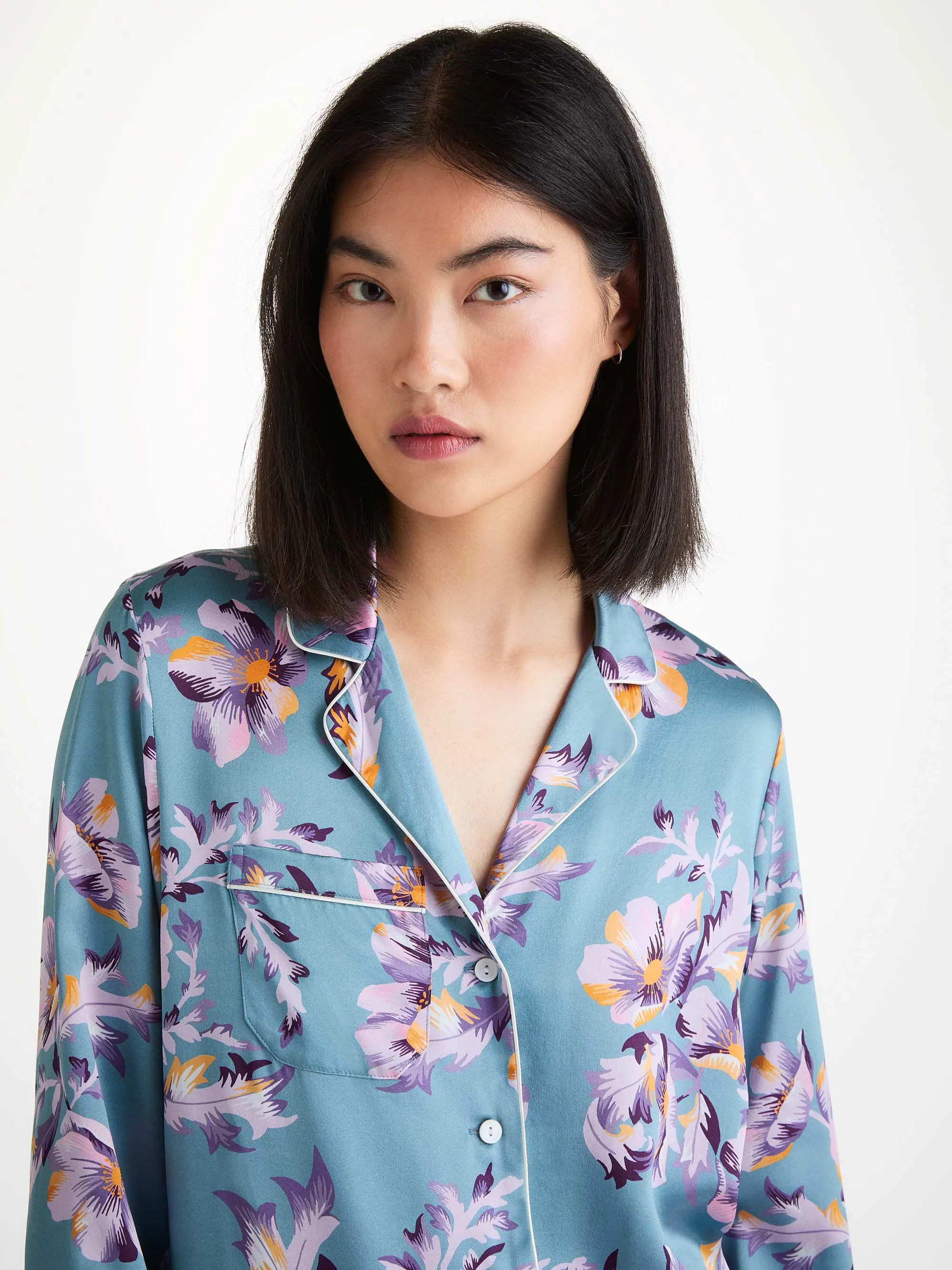 Women's Pajamas Silk Satin Blue Wildflower Pattern sold by Derek Rose product image thumbnail 5