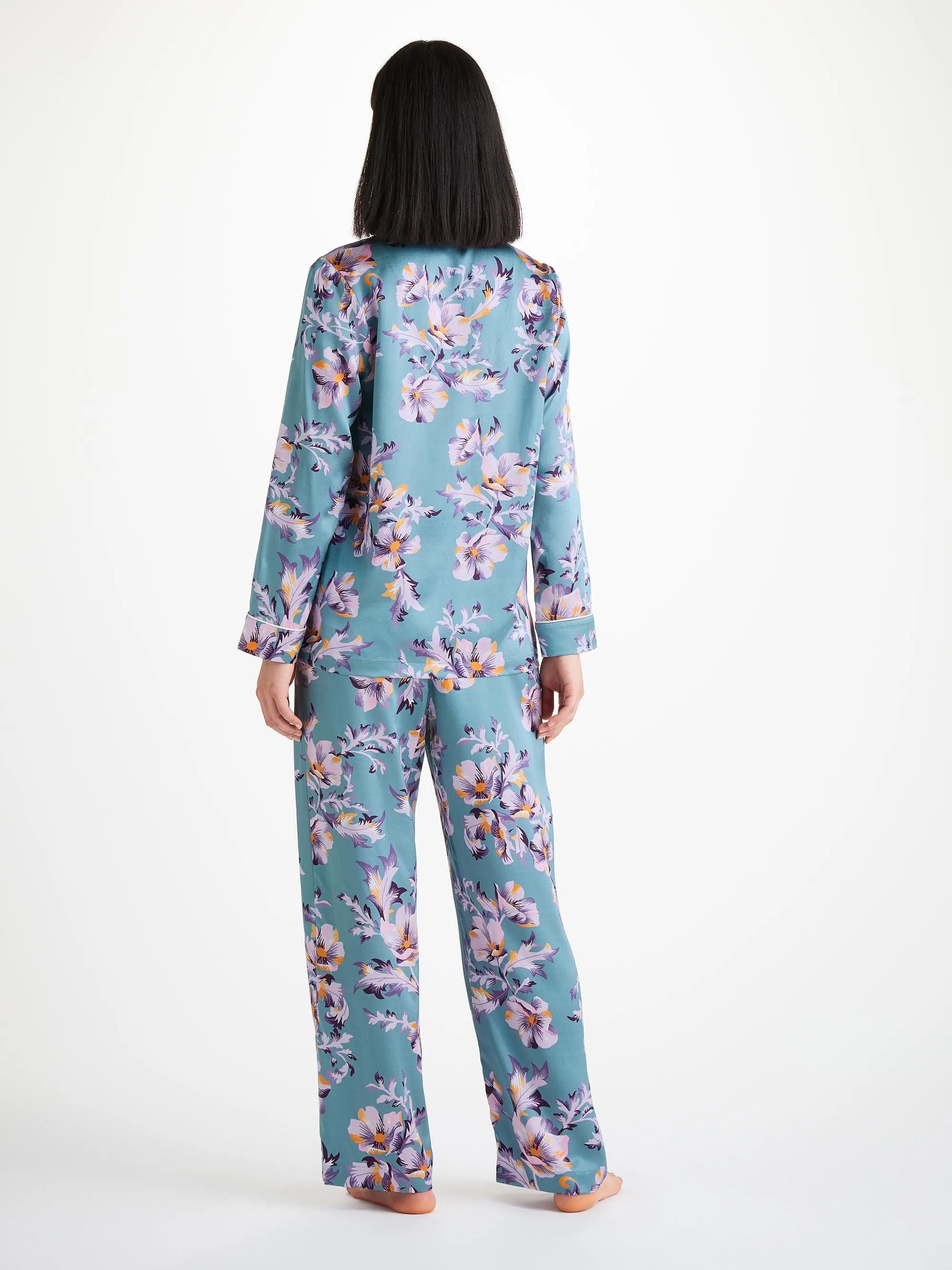 Women's Pajamas Silk Satin Blue Wildflower Pattern sold by Derek Rose product image thumbnail 4