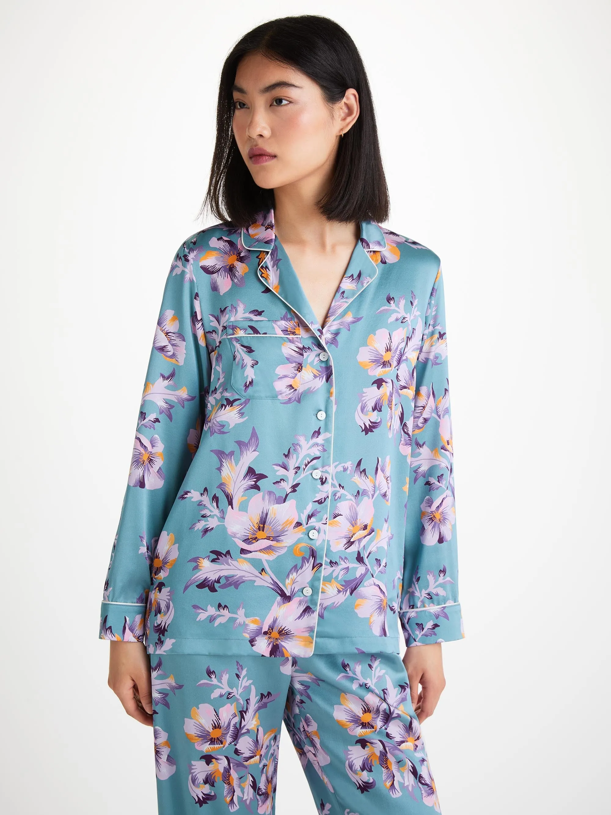 Women's Pajamas Silk Satin Blue Wildflower Pattern sold by Derek Rose product image thumbnail 3