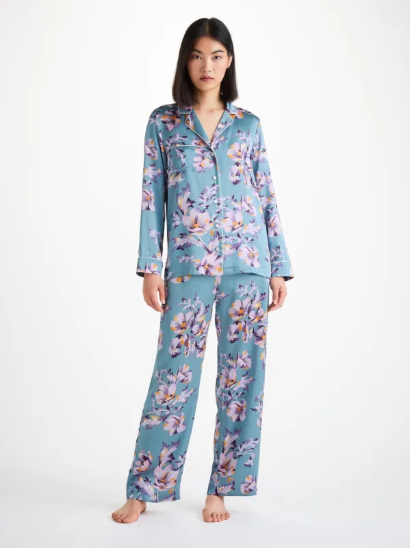 Women's Pajamas Silk Satin Blue Wildflower Pattern  sold by Derek Rose
