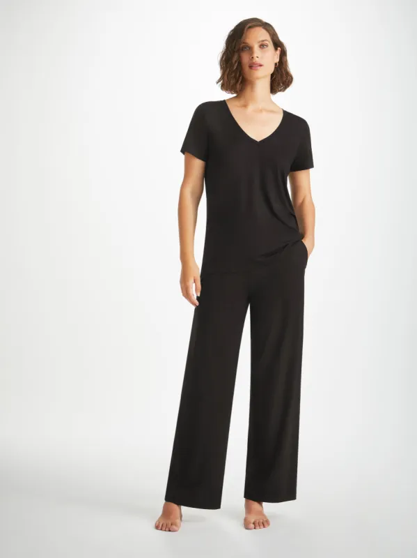Women's V-Neck T-Shirt and Lounge Trousers Black Set sold by Derek Rose