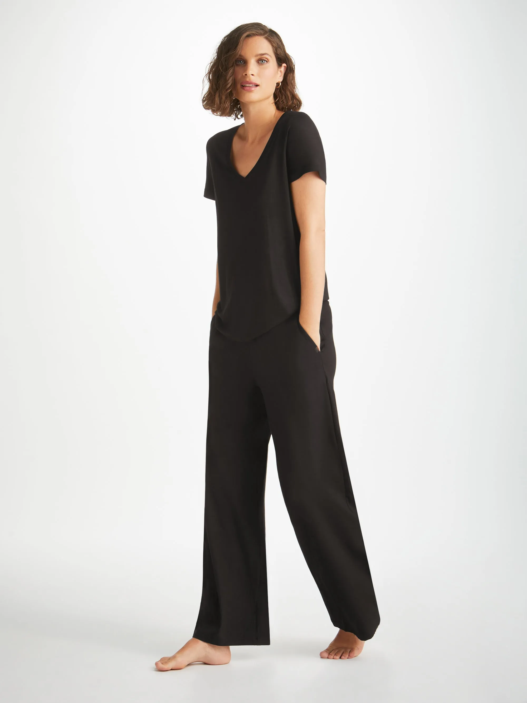 Women's V-Neck T-Shirt and Lounge Trousers Black Set sold by Derek Rose product image thumbnail 4
