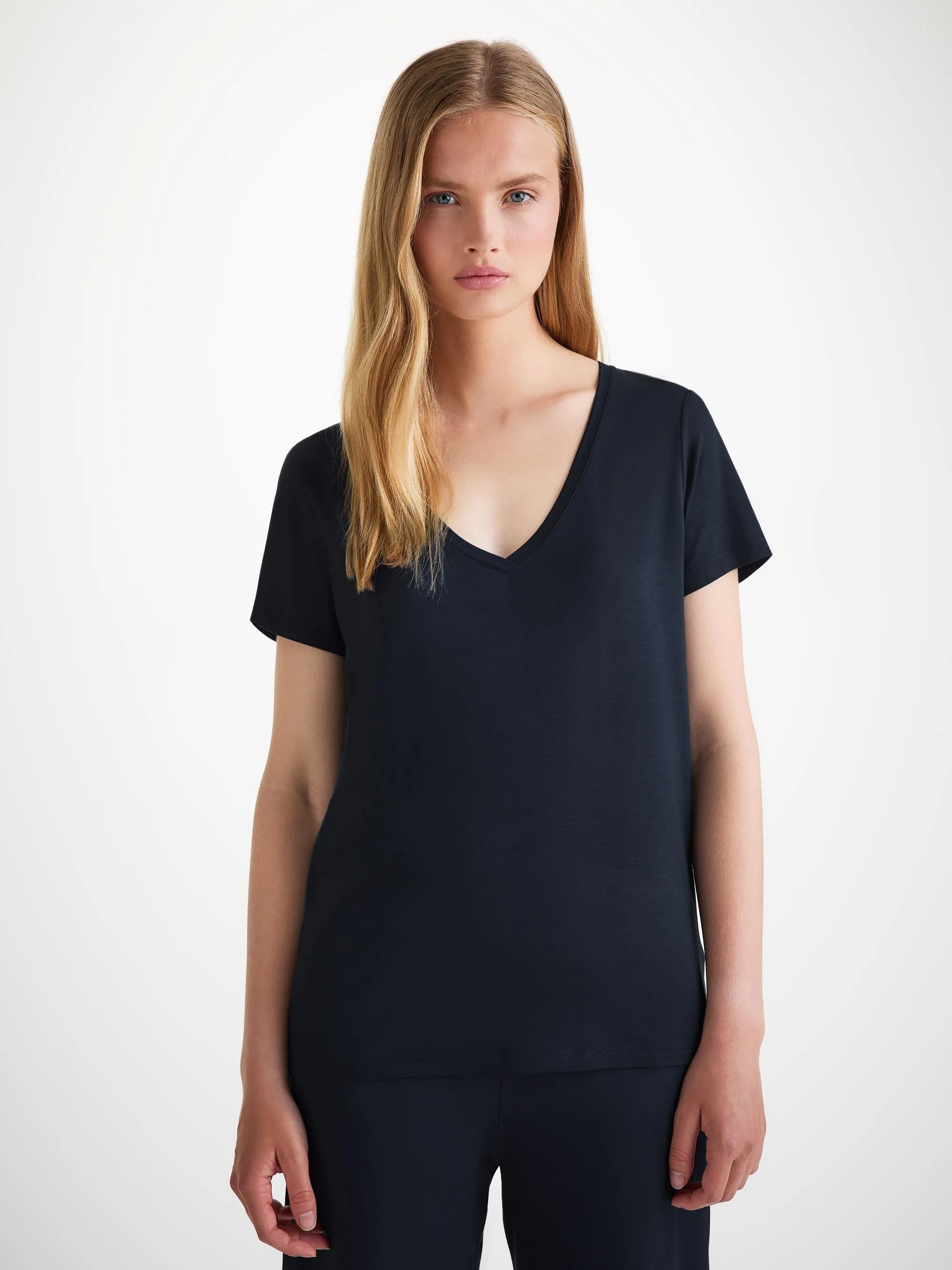 Women's V-Neck T-Shirt and Lounge Trousers Navy Set sold by Derek Rose product image thumbnail 3