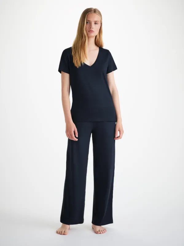 Women's V-Neck T-Shirt and Lounge Trousers Navy Set sold by Derek Rose