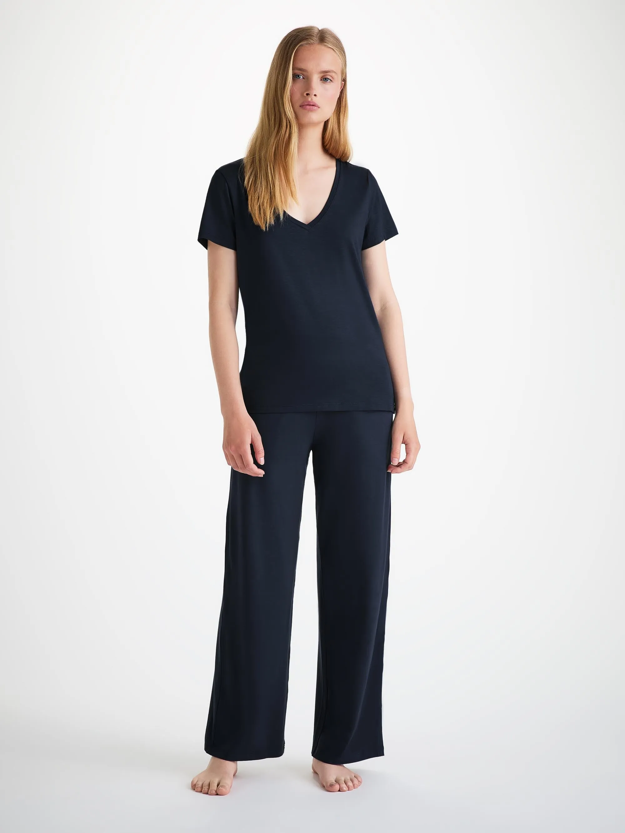 Women's V-Neck T-Shirt and Lounge Trousers Navy Set sold by Derek Rose