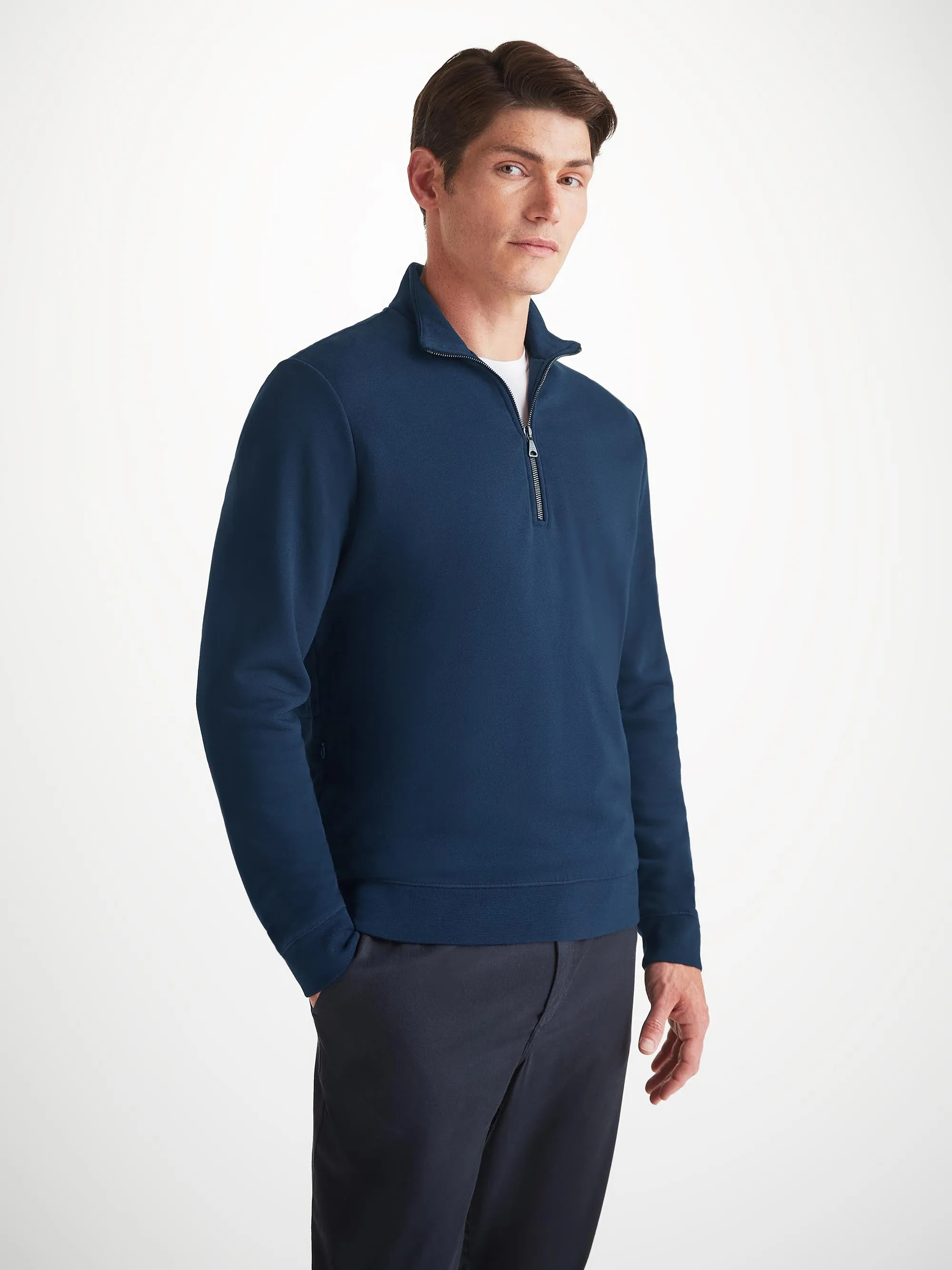 Men's Half-Zip Pullover Quinn Cotton Modal Navy sold by Derek Rose