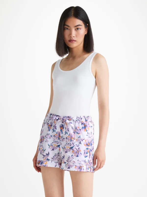 Women's Lounge Shorts Cotton Batiste White Wildflowers Print sold by Derek Rose
