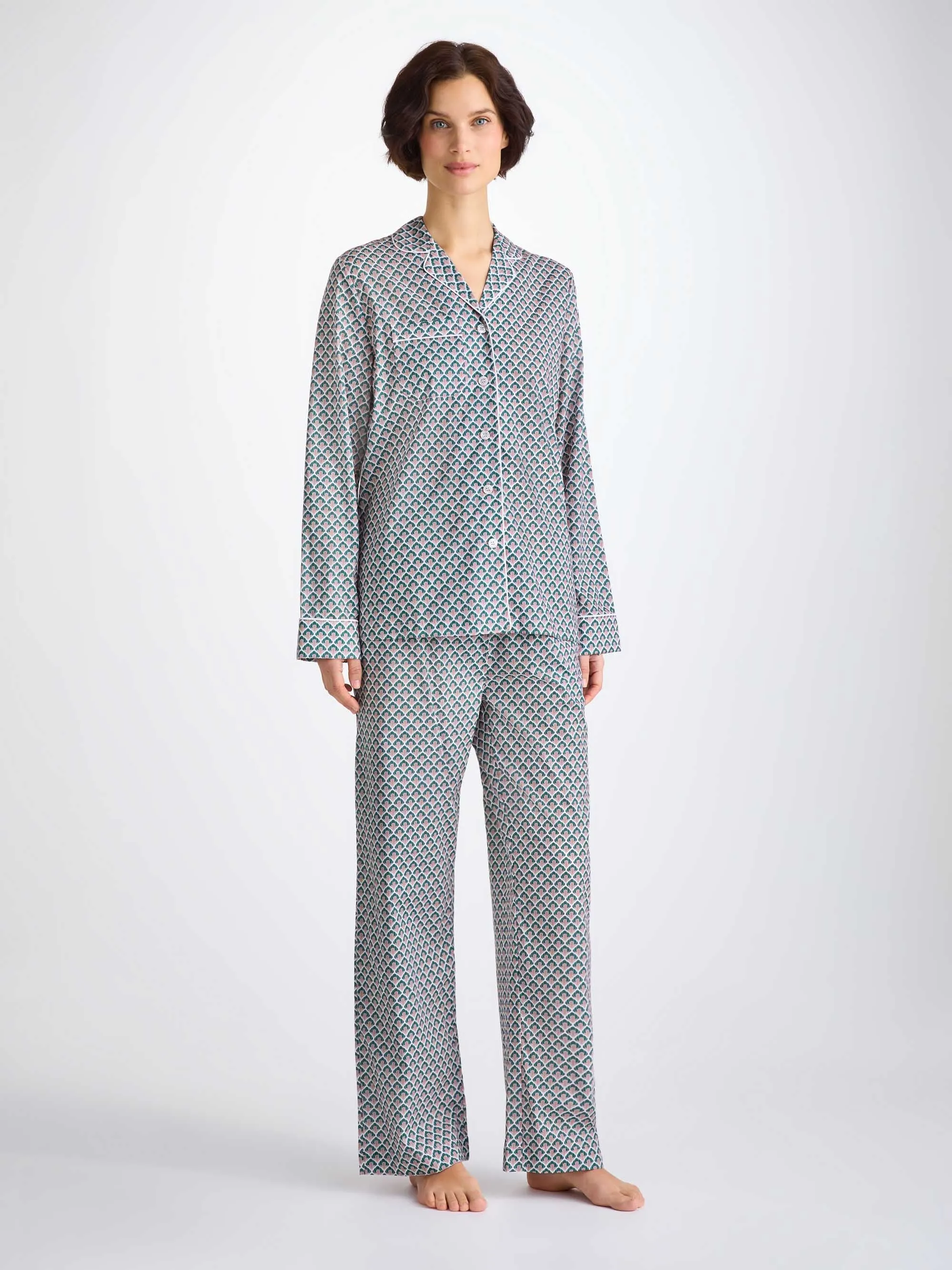 Women's Pajamas Cotton Batiste Jungle Green Scalloped Leaf Print sold by Derek Rose