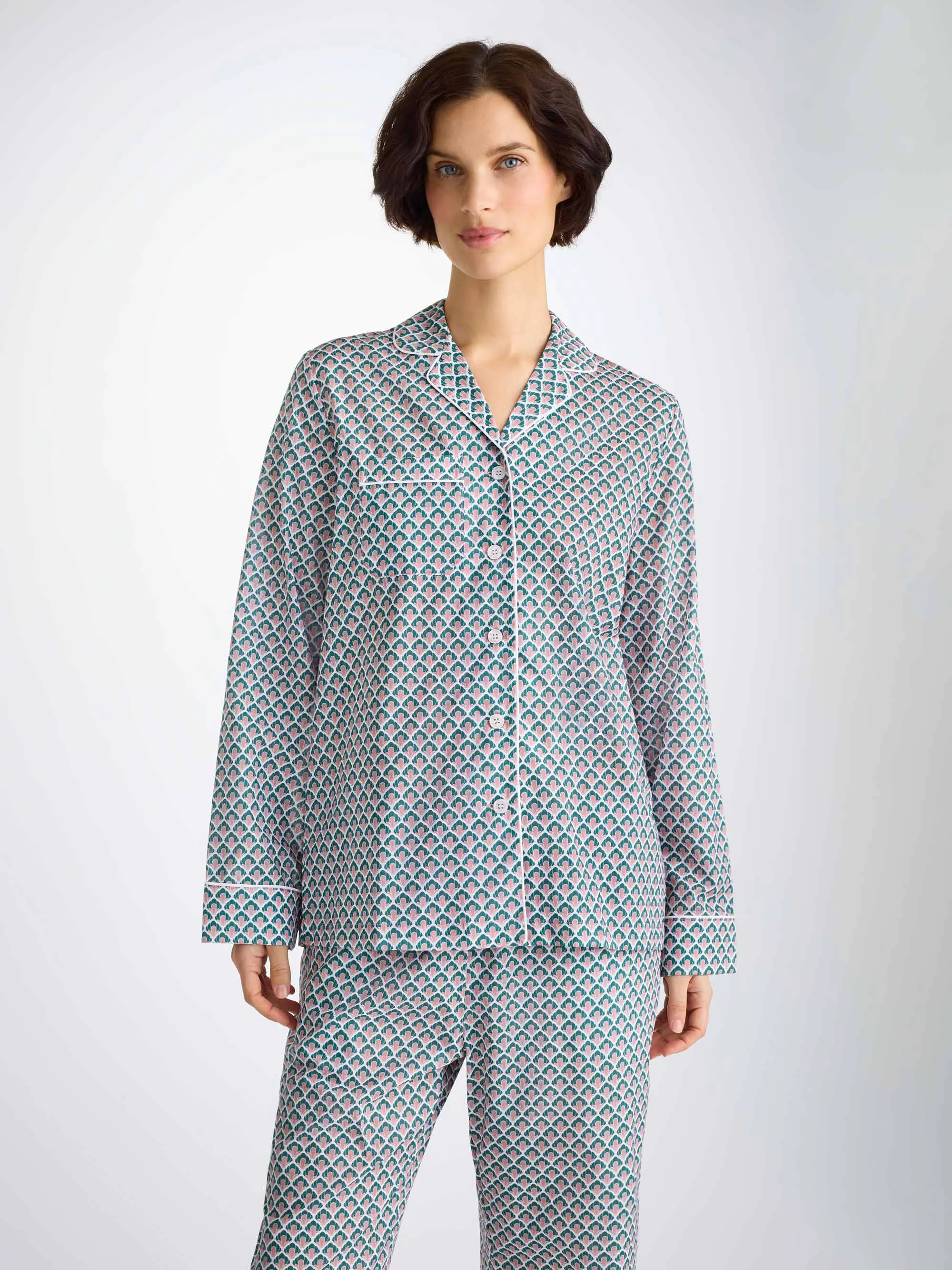 Women's Pajamas Cotton Batiste Jungle Green Scalloped Leaf Print sold by Derek Rose product image thumbnail 3
