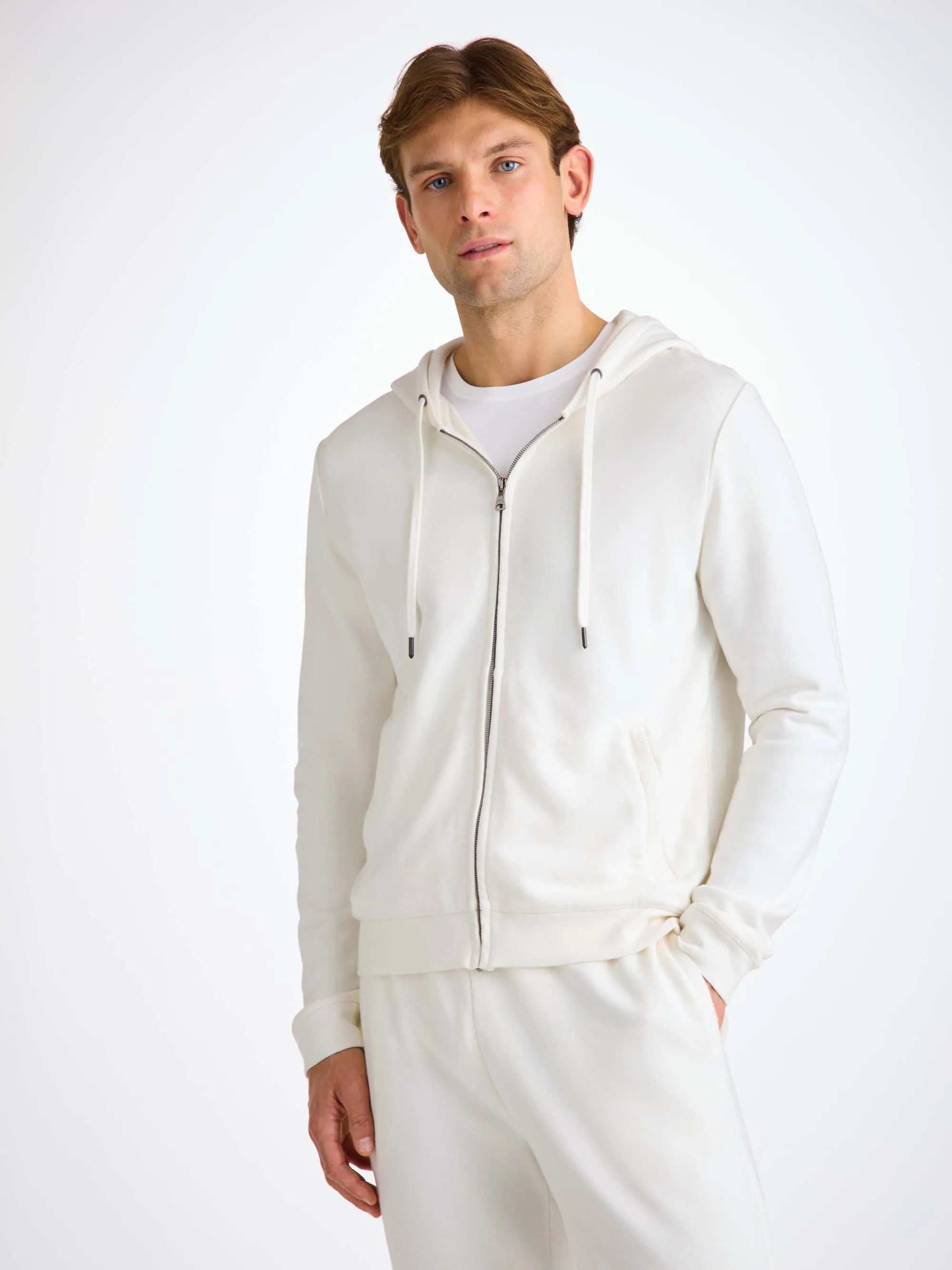 Men's Zip Up Hoodie Quinn Cotton Modal White sold by Derek Rose