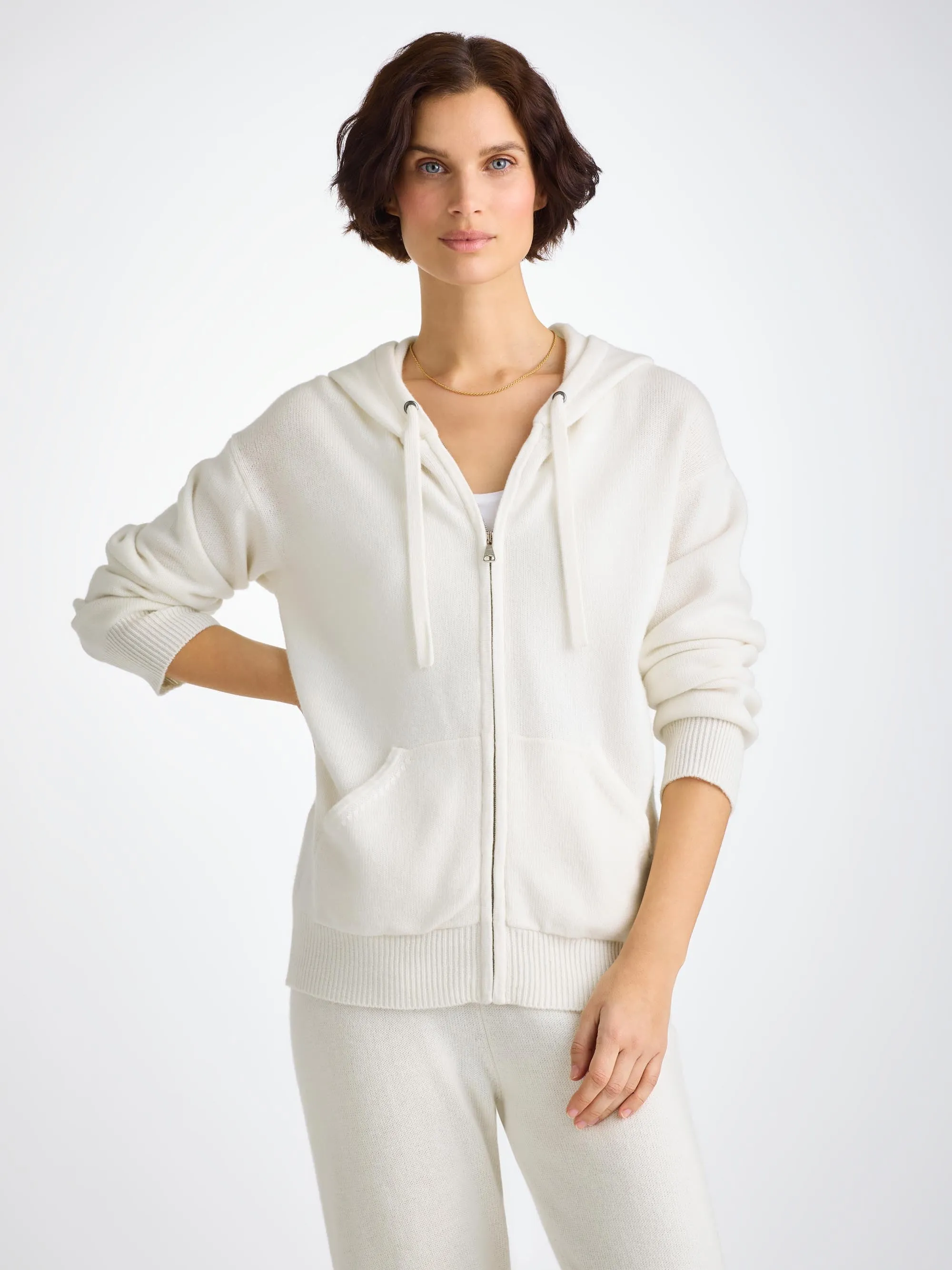 Women's Zip Up Hoodie Daphne Cashmere White sold by Derek Rose