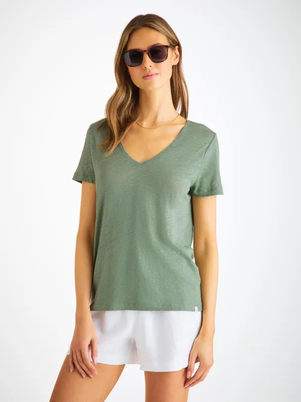 Women's V-Neck T-Shirt Jordan Linen Sage Green sold by Derek Rose