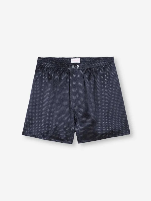Men's Classic Fit Boxers Silk Satin Navy Micro Dot Print sold by Derek Rose