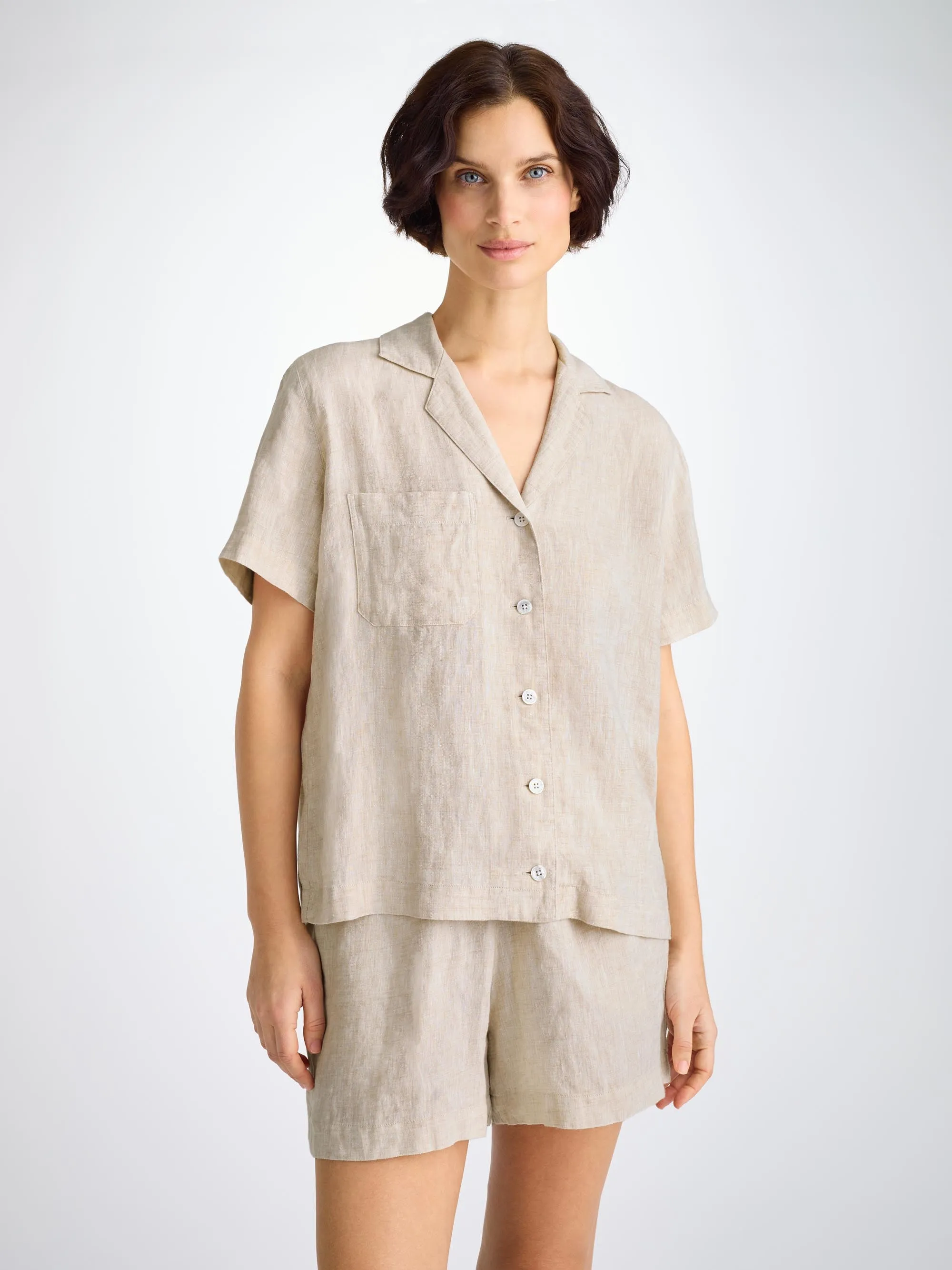 Women's Short Pajamas Sicily Linen Sand sold by Derek Rose